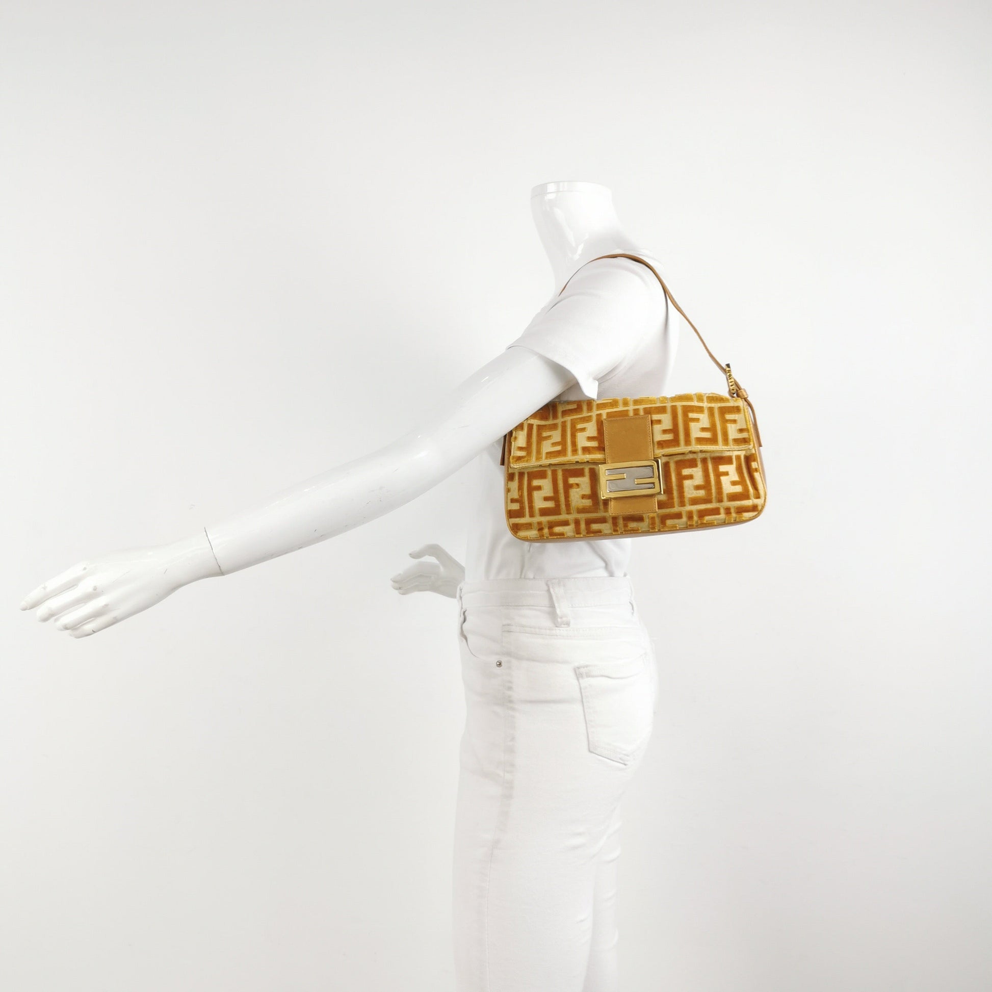 FENDI Baguette Gold FF Monogram Velvet Shoulder Bag