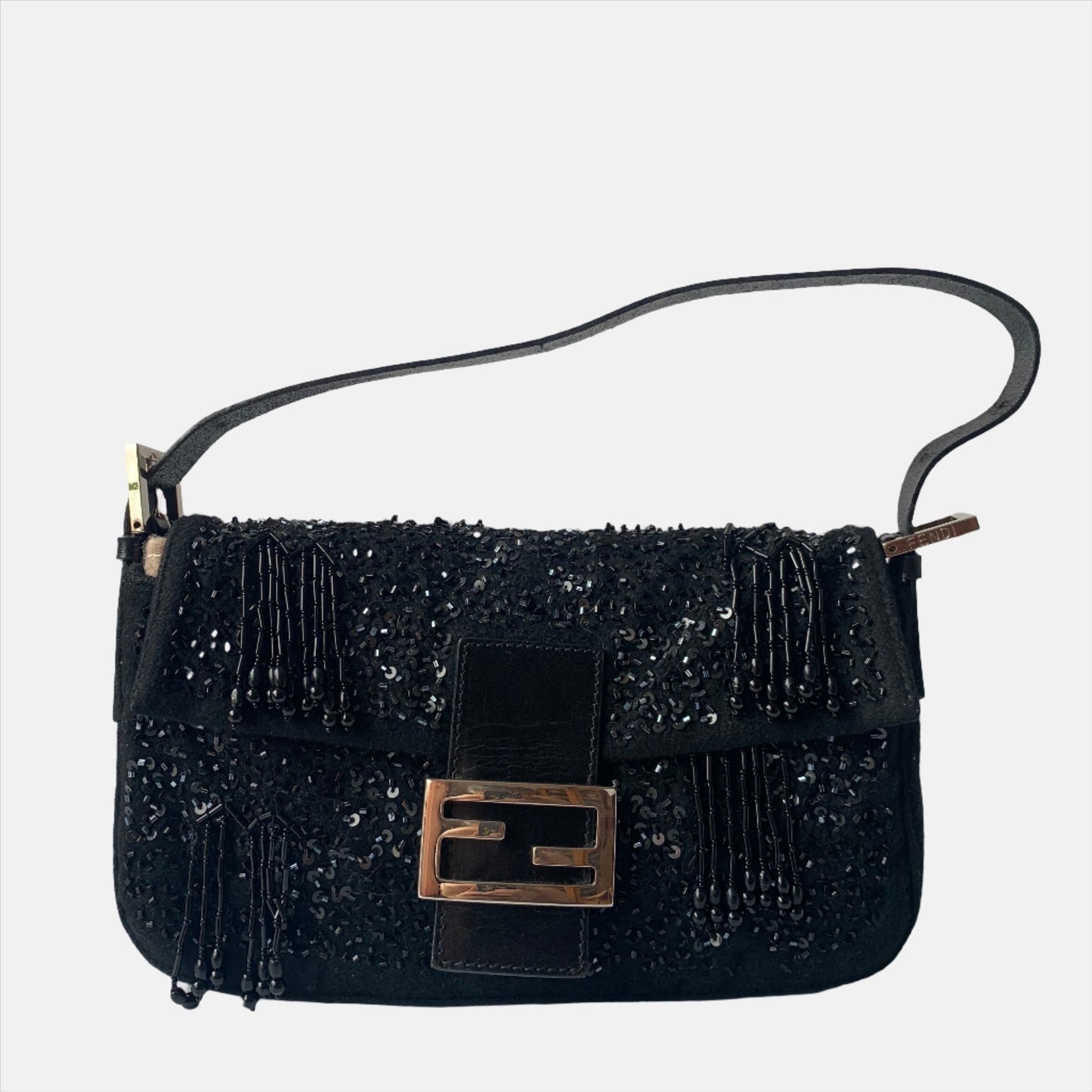 Fendi Baguette Black Beaded Tussle On Black Shoulder Bag