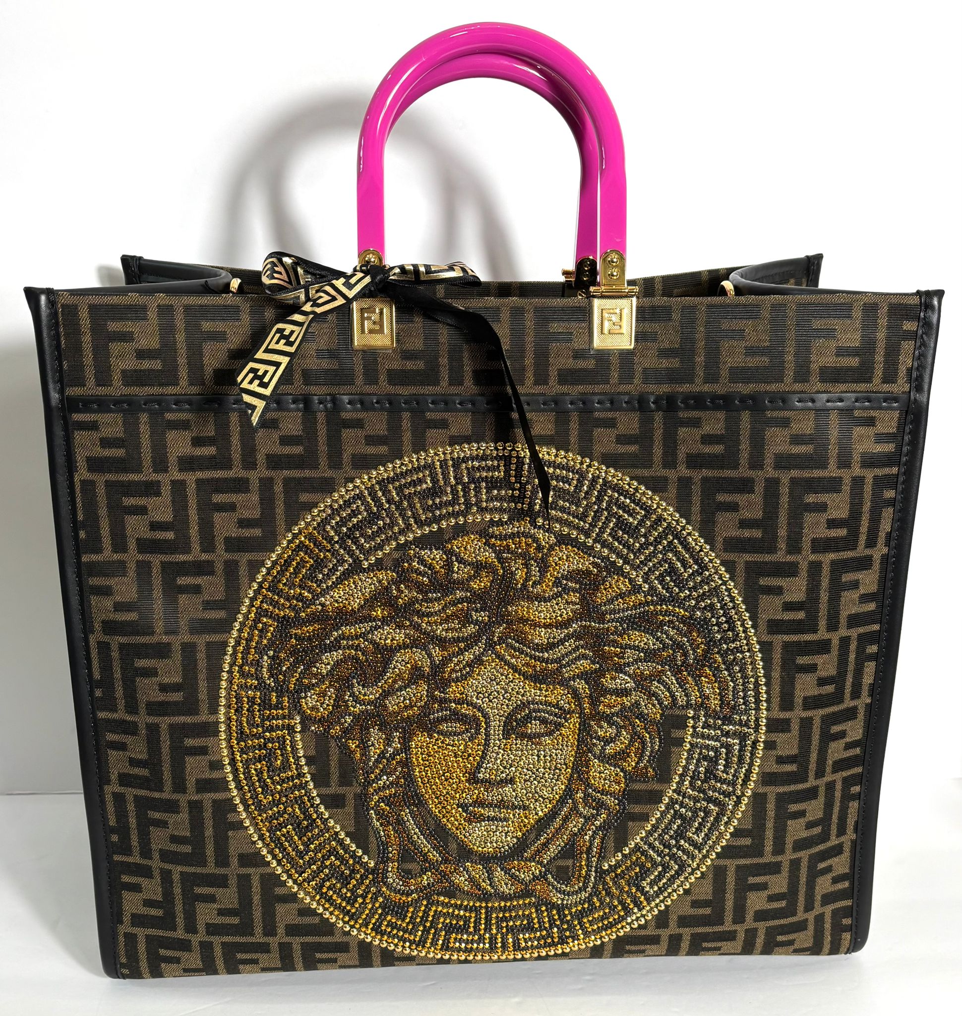FENDACE FENDI X VERSACE ZUCCA FF MEDUSA STUDDED SUNSHINE LARGE TOTE BAG