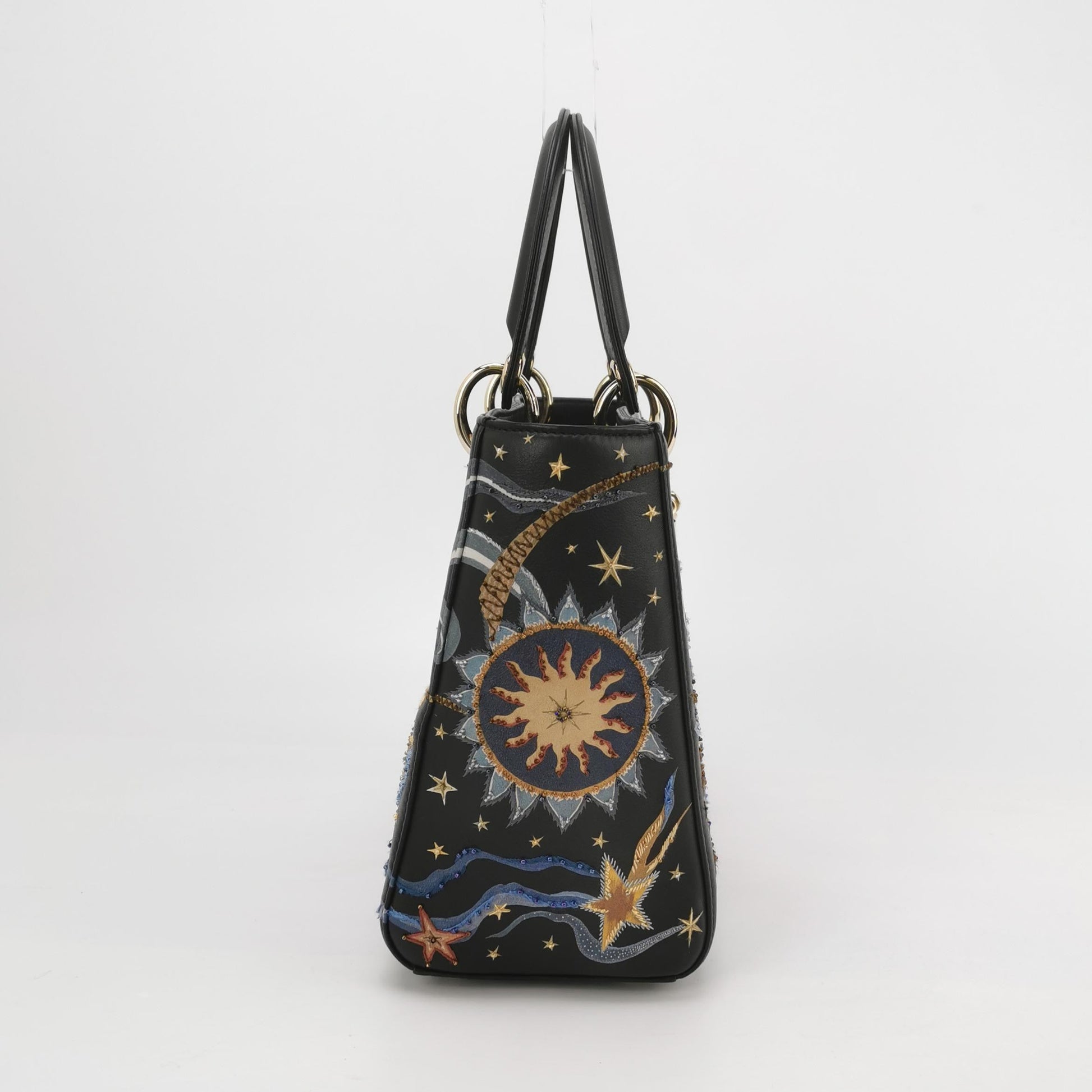 Lady Dior Medium Nature Ballet Star Embroidery Handbag Black Calfskin Leather Gold Hardware