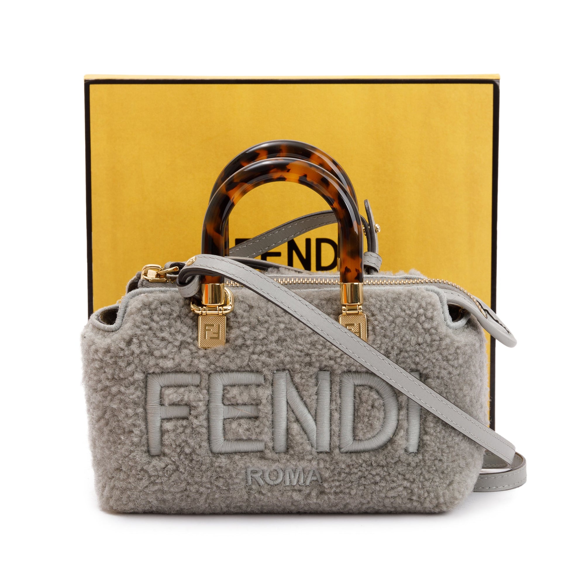 Fendi 2022 Grey Sheepskin Logo Embroidered By the Way Mini Boston Bag