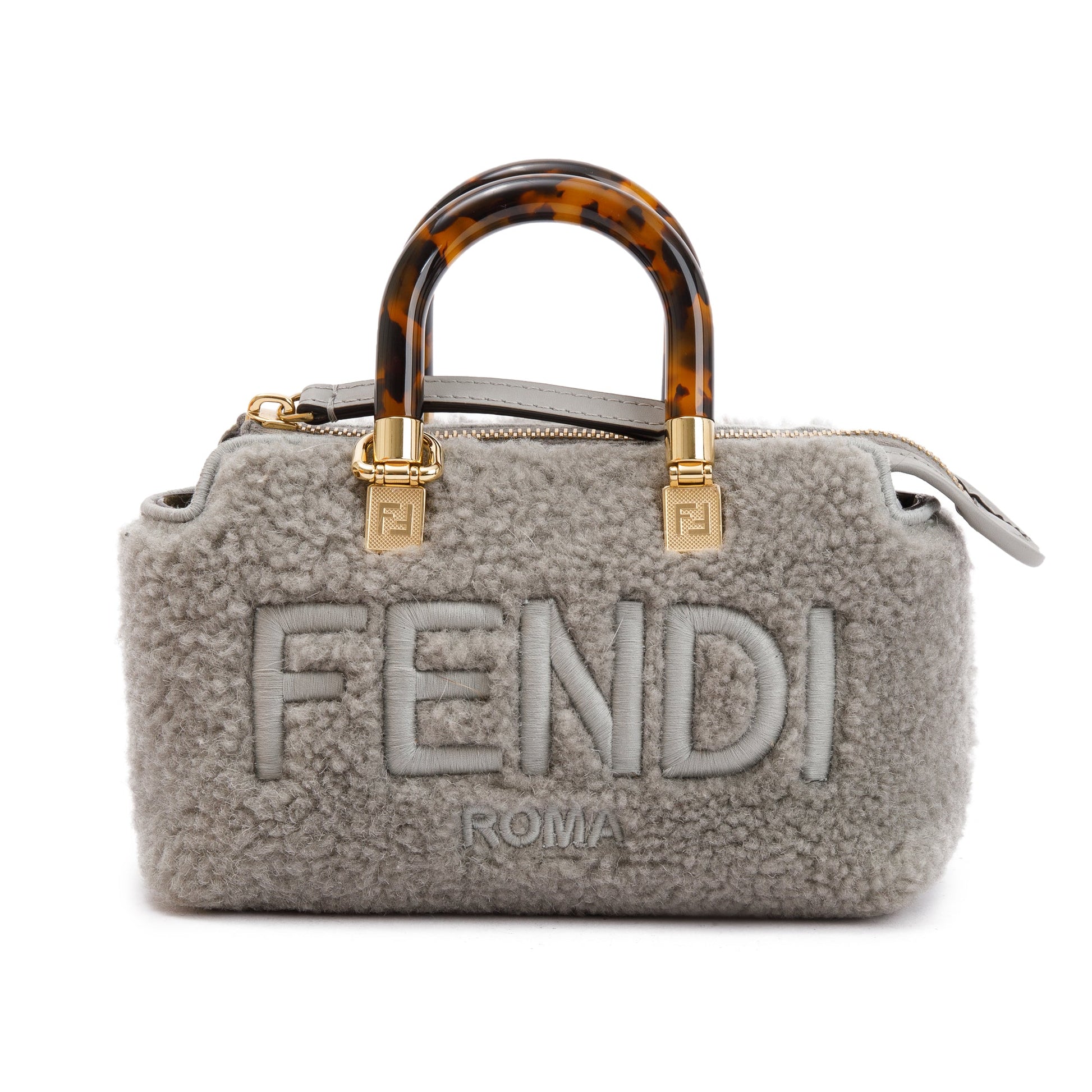 Fendi 2022 Grey Sheepskin Logo Embroidered By the Way Mini Boston Bag