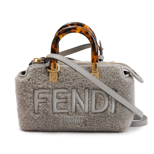 Fendi 2022 Grey Sheepskin Logo Embroidered By the Way Mini Boston Bag