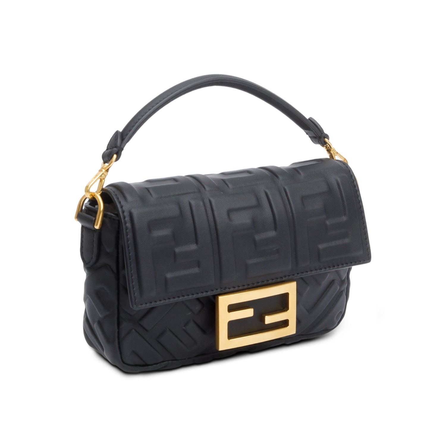 Fendi 2023 Black FF Embossed Nappa Leather Mini Be Baguette Chain Crossbody