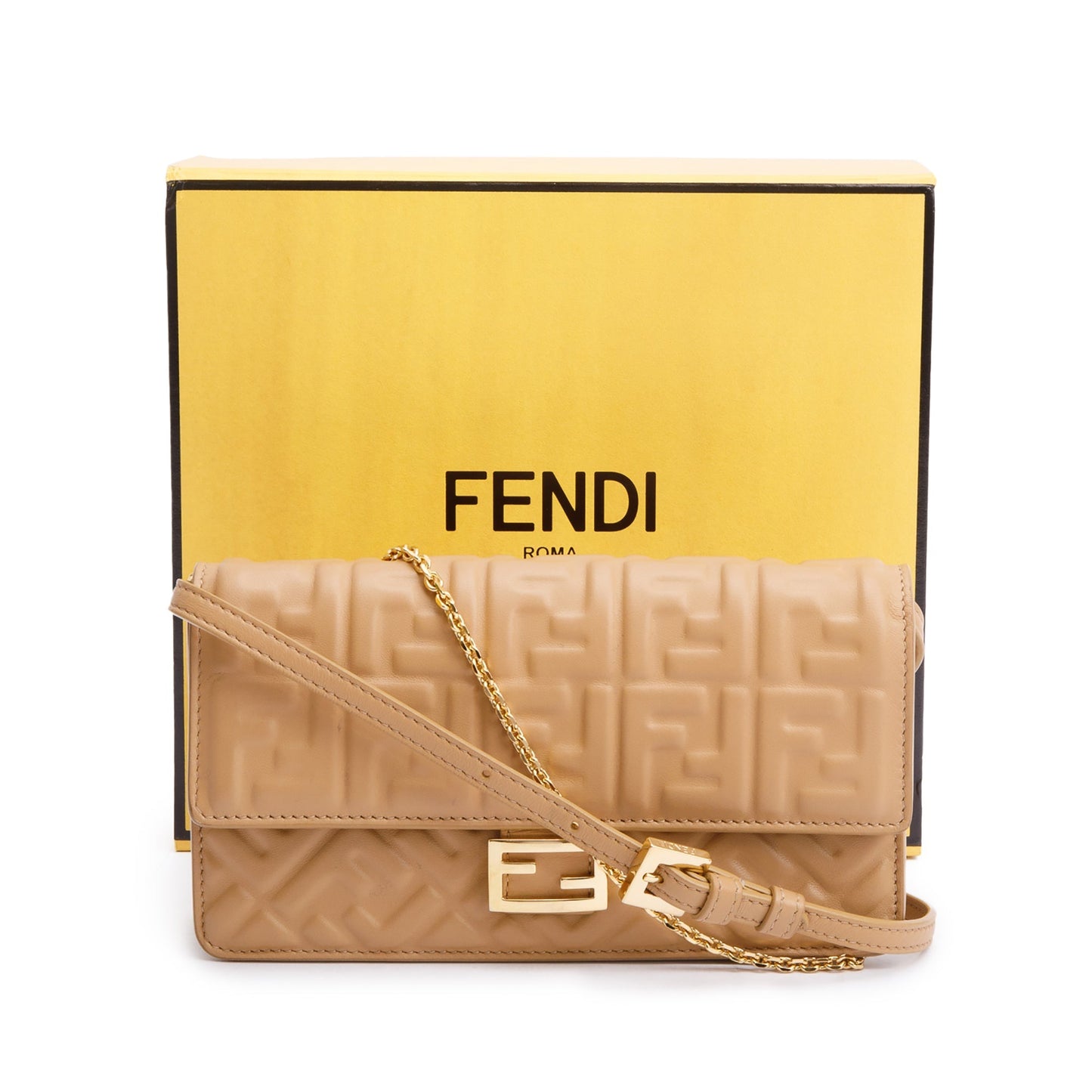 Fendi 2024 Beige FF Embossed Nappa Leather Baguette Wallet on Chain