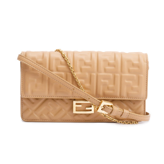 Fendi 2024 Beige FF Embossed Nappa Leather Baguette Wallet on Chain