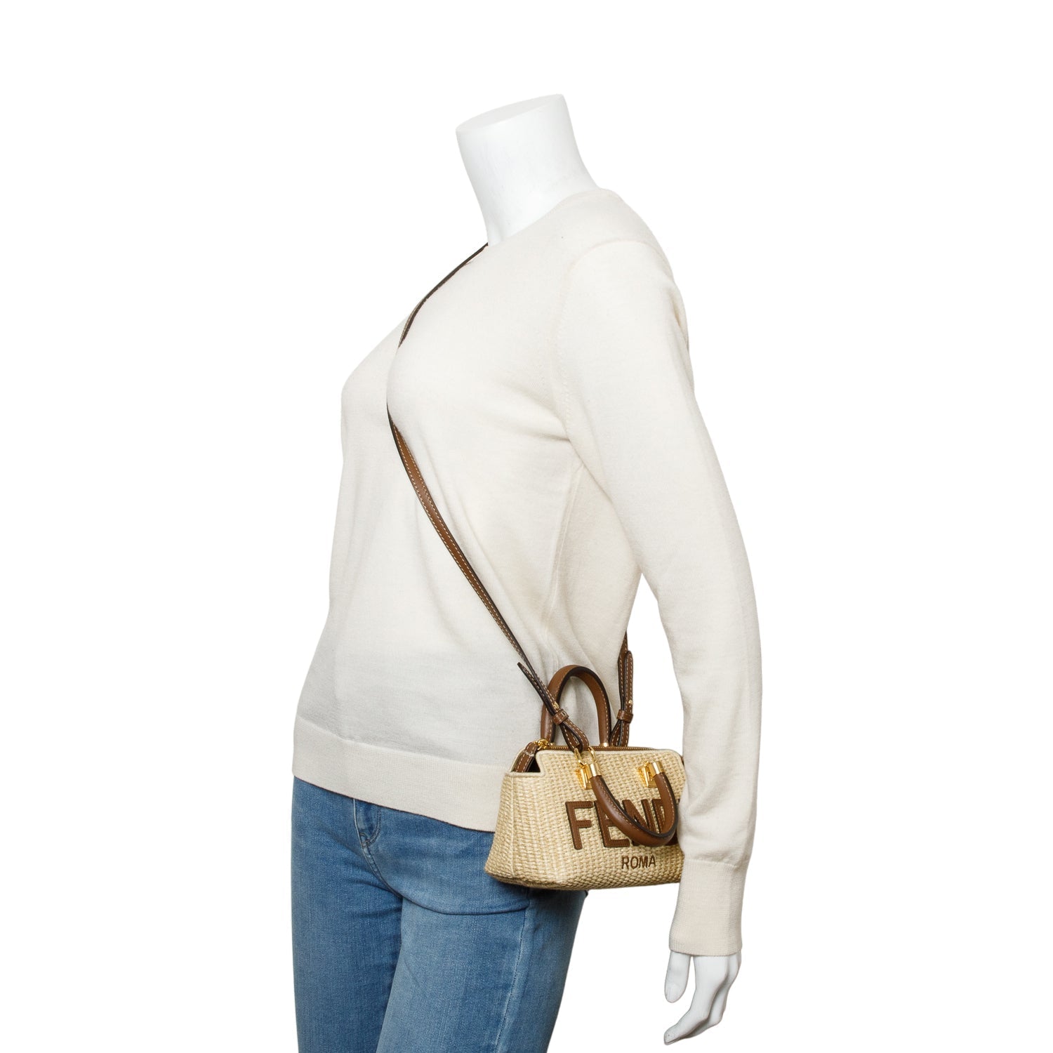 Fendi 2024 Neutral Raffia By the Way Mini Boston Bag