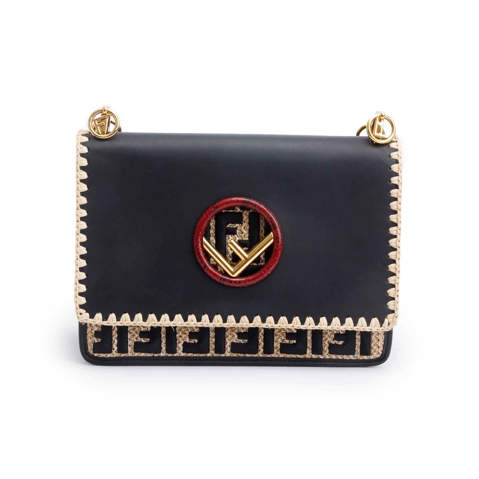 Fendi Black Calfskin Leather Raffia Snakeskin FF Embroidered Medium F is Fendi Kan I Shoulder Bag