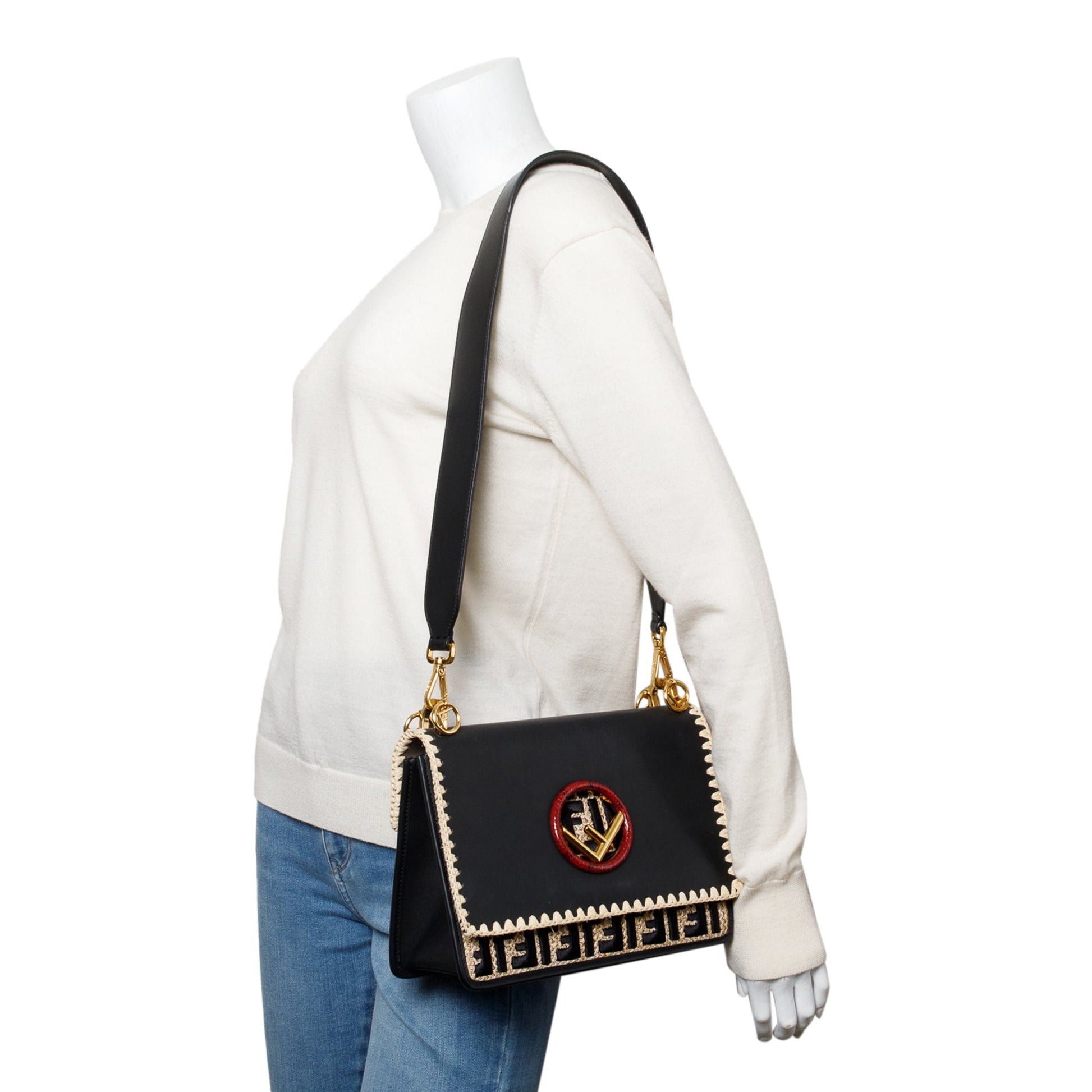 Fendi Black Calfskin Leather Raffia Snakeskin FF Embroidered Medium F is Fendi Kan I Shoulder Bag