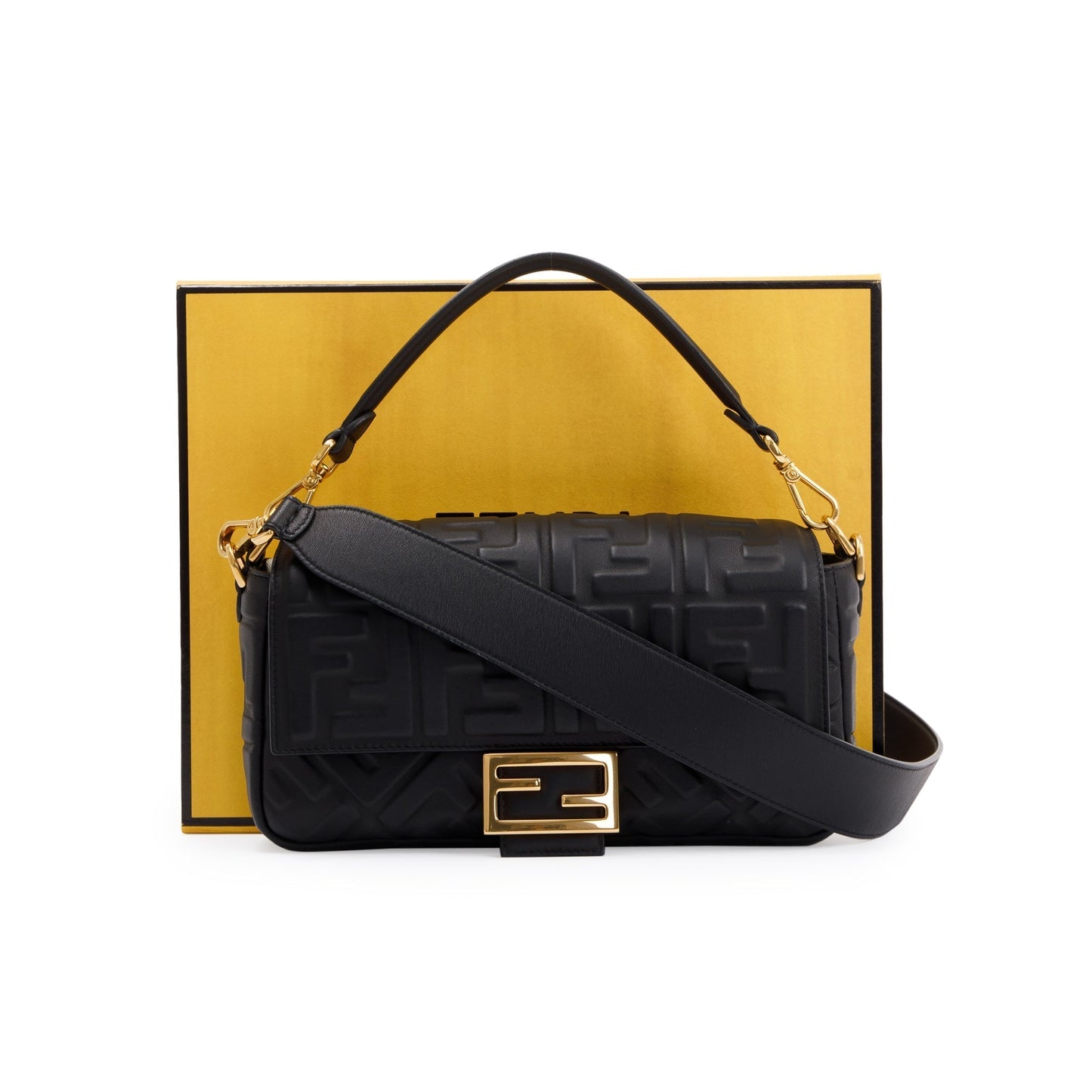 Fendi Black Nappa FF Leather Embossed Baguette NM Shoulder Bag