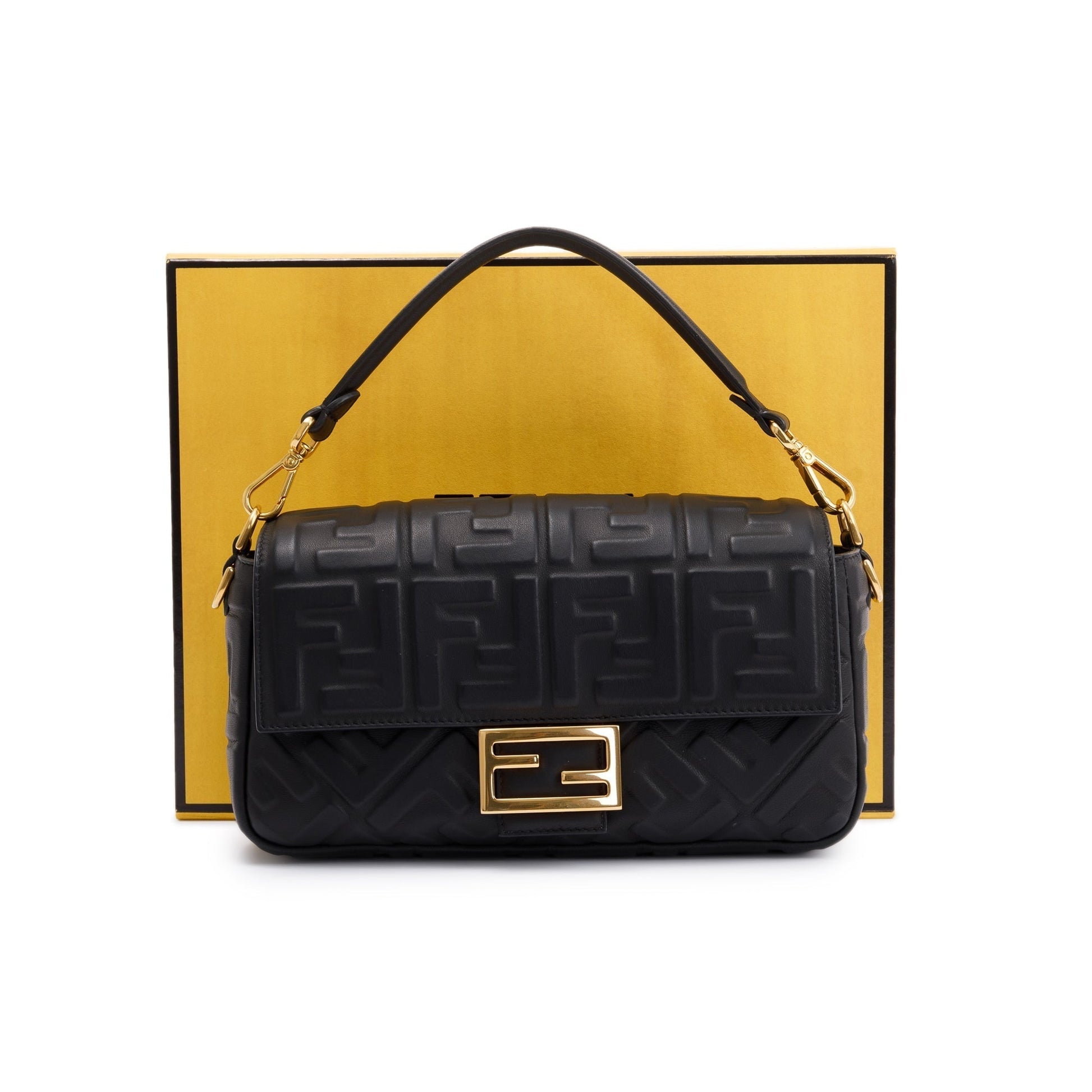 Fendi Black Nappa FF Leather Embossed Baguette NM Shoulder Bag