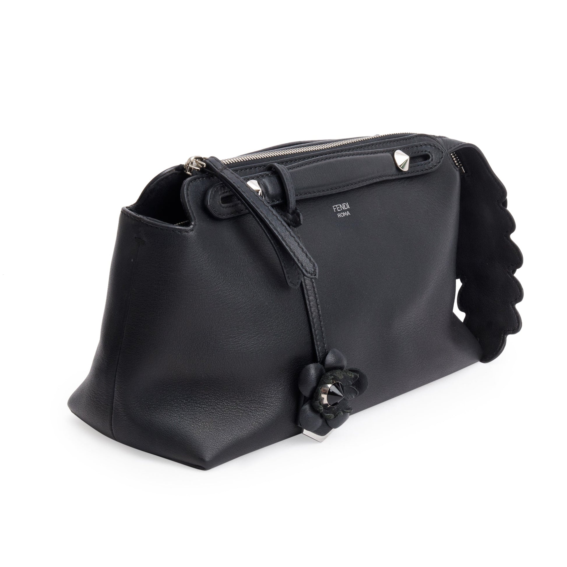 Fendi Black Vitello Dolce Flowerland Small By the Way Boston Bag