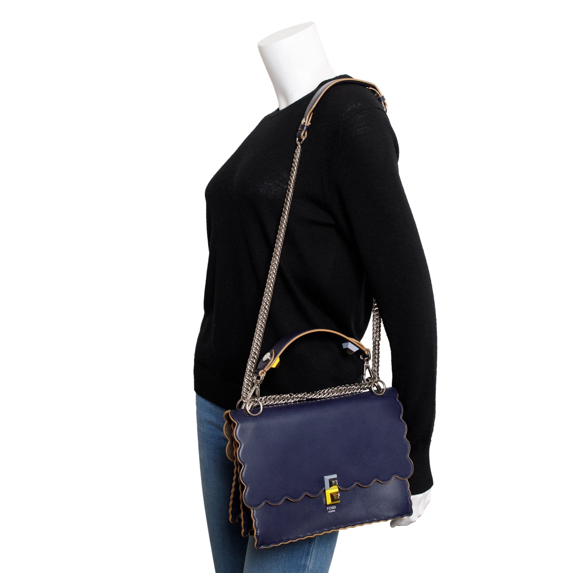 Fendi Blue Calfskin Leather Scalloped Studded Kan I Shoulder Bag