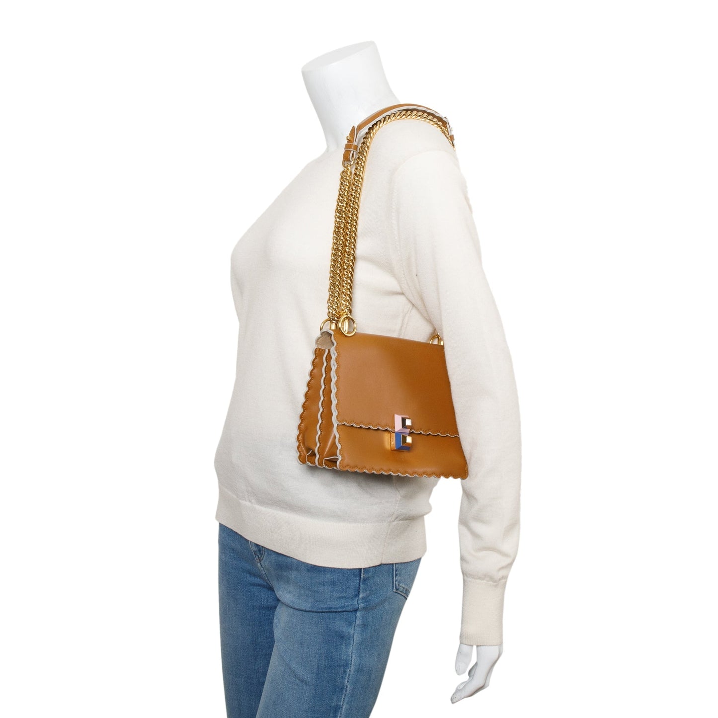 Fendi Brown Calfskin Leather Small Kan I Scallop Shoulder Bag