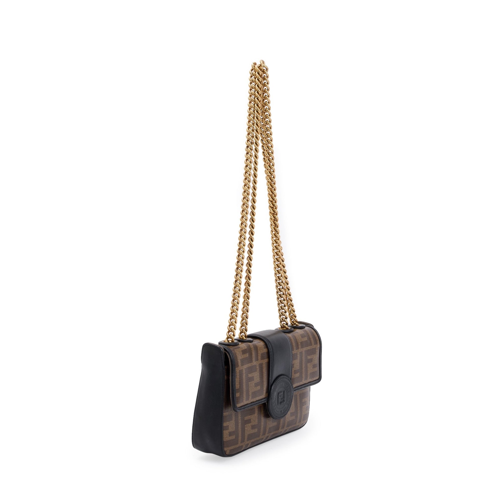 Fendi Brown Zucca Canvas Mini FF 1974 Logo Stamp Flap Shoulder Bag