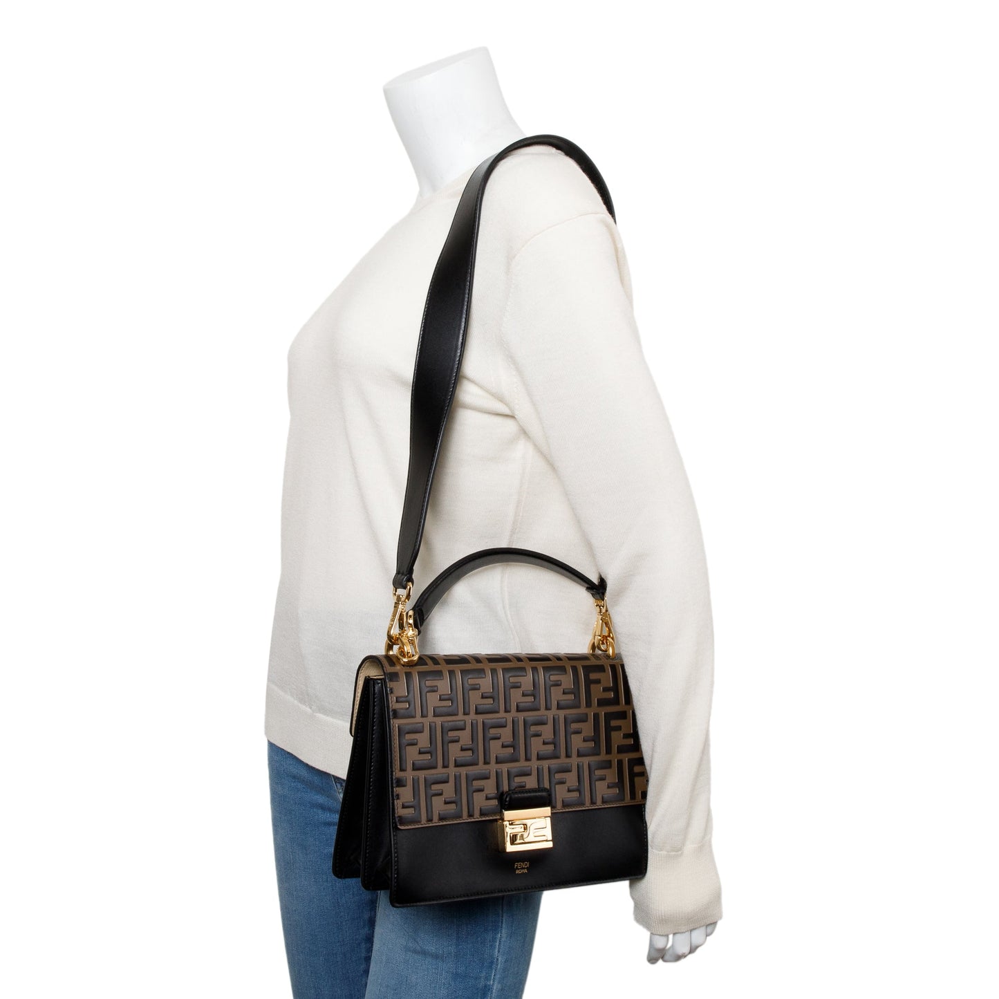 Fendi FF Embossed & Black Calfskin Leather Kan I Shoulder Bag