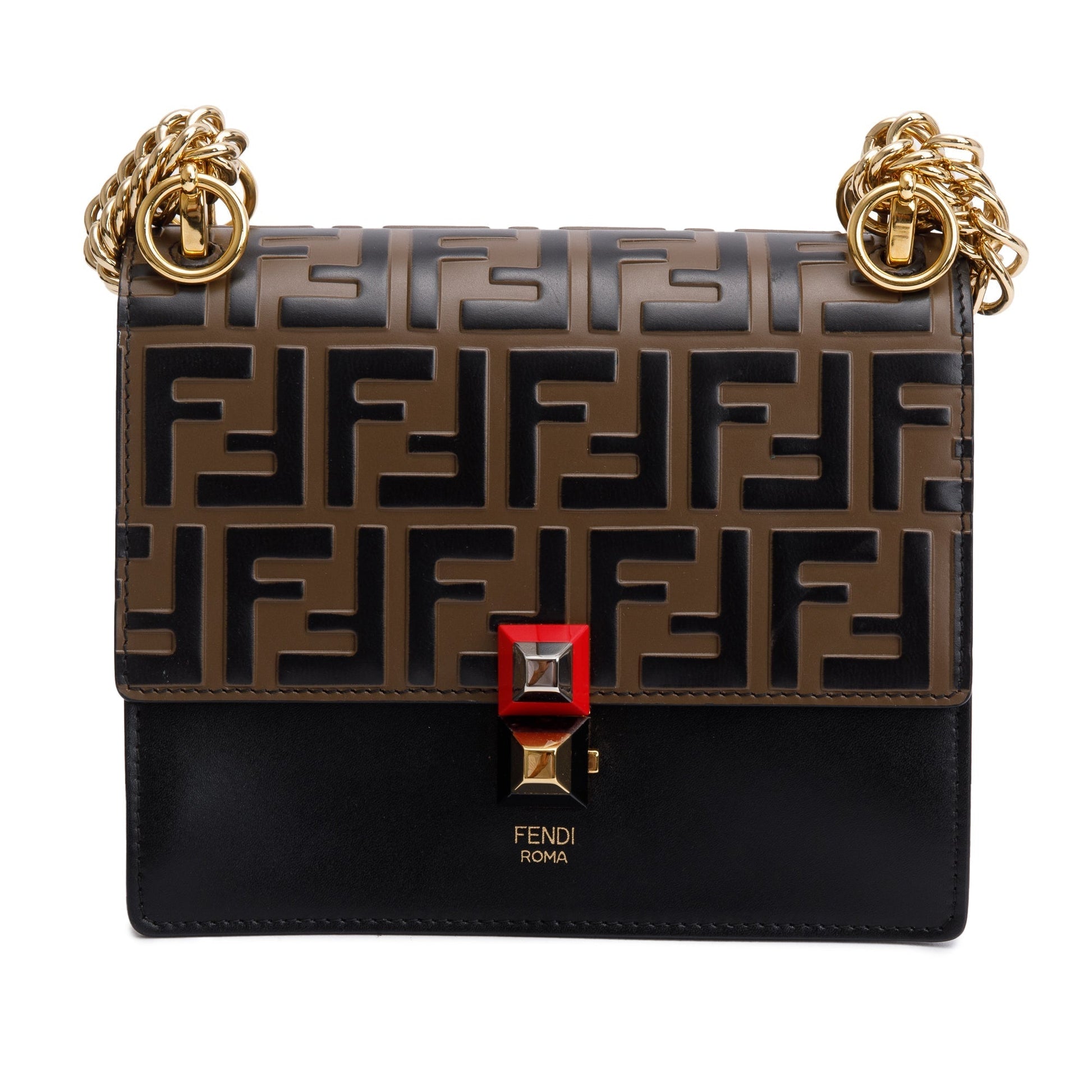 Fendi FF Embossed & Black Calfskin Leather Small Kan I Shoulder Bag