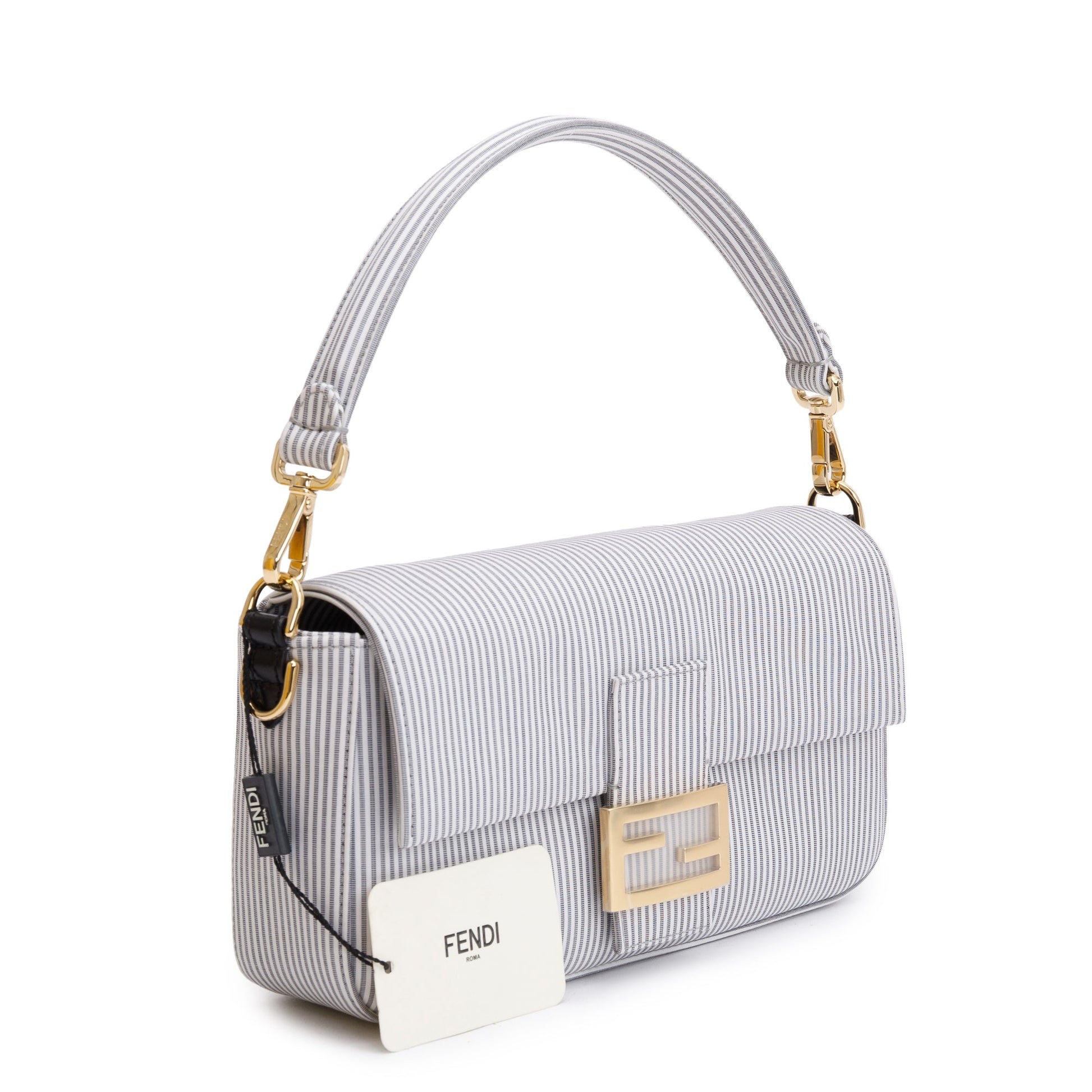Fendi Grey/White Striped Cotton Cuoio Betagna Baguette Grigio Shoulder Bag
