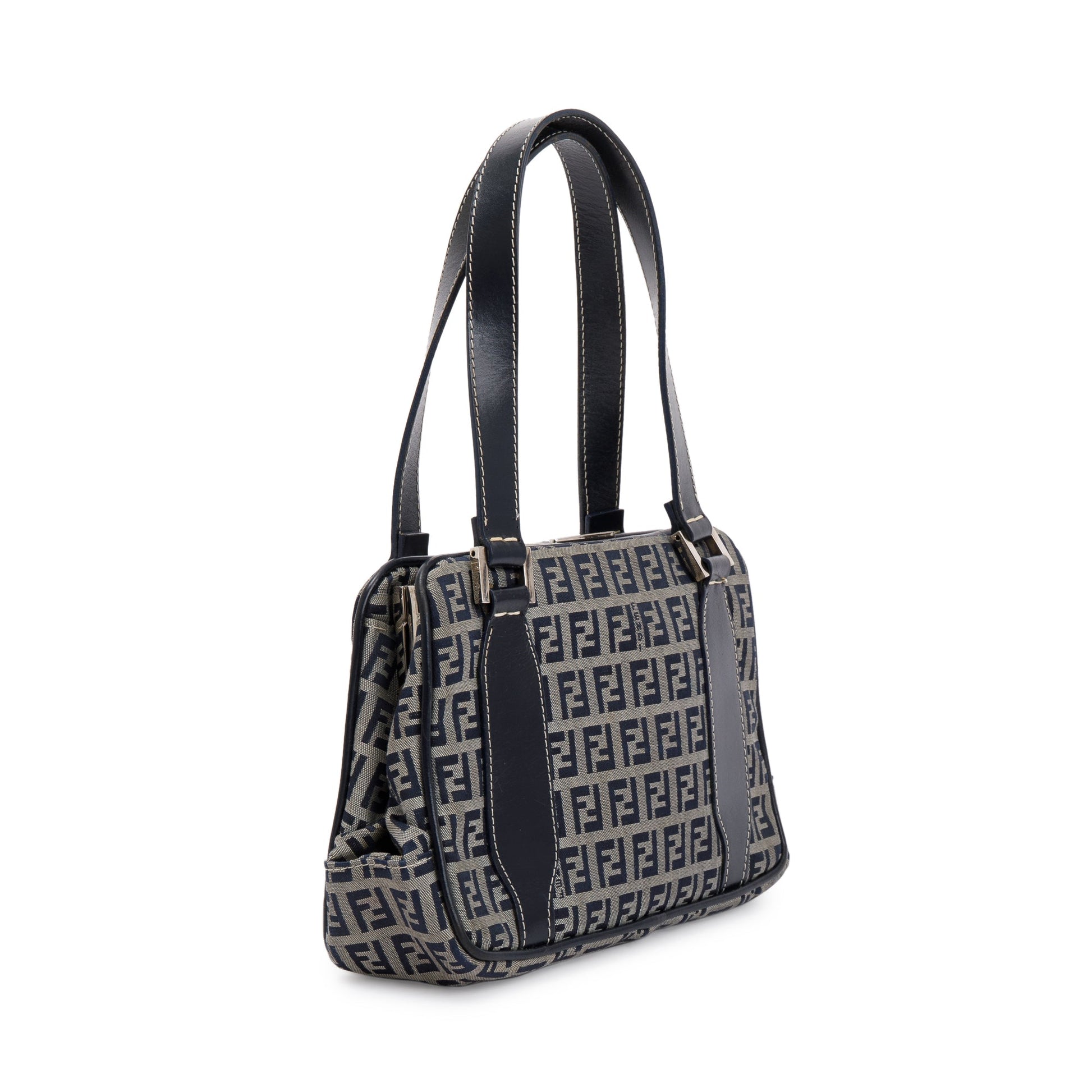 Fendi Navy FF Zucchino Canvas Leather Trimmed Mini Tote