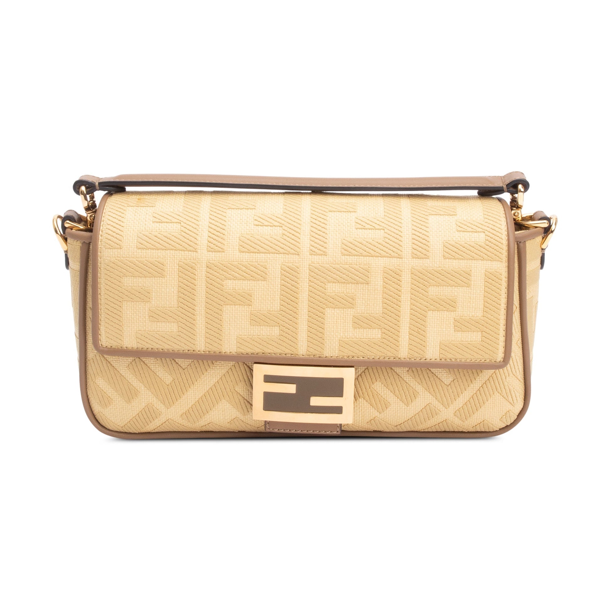 Fendi Neutral FF Raffia Baguette Shoulder Bag