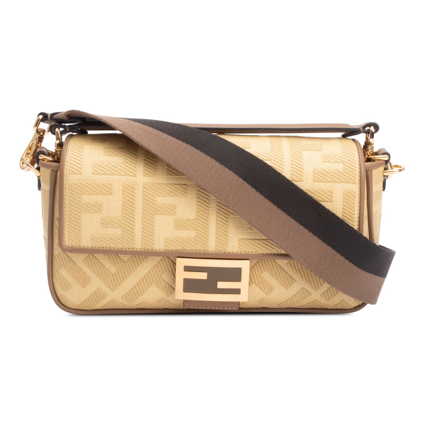 Fendi Neutral FF Raffia Baguette Shoulder Bag