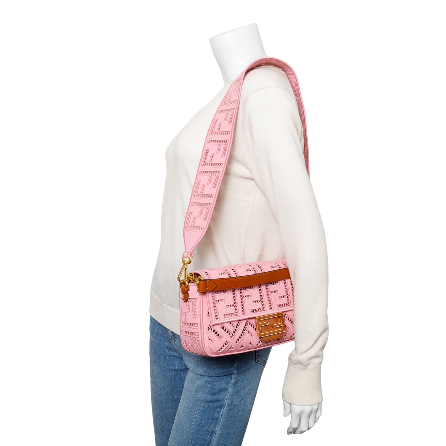 Fendi Pink FF Openwork Embroidered Canvas Medium Baguette Shoulder Bag