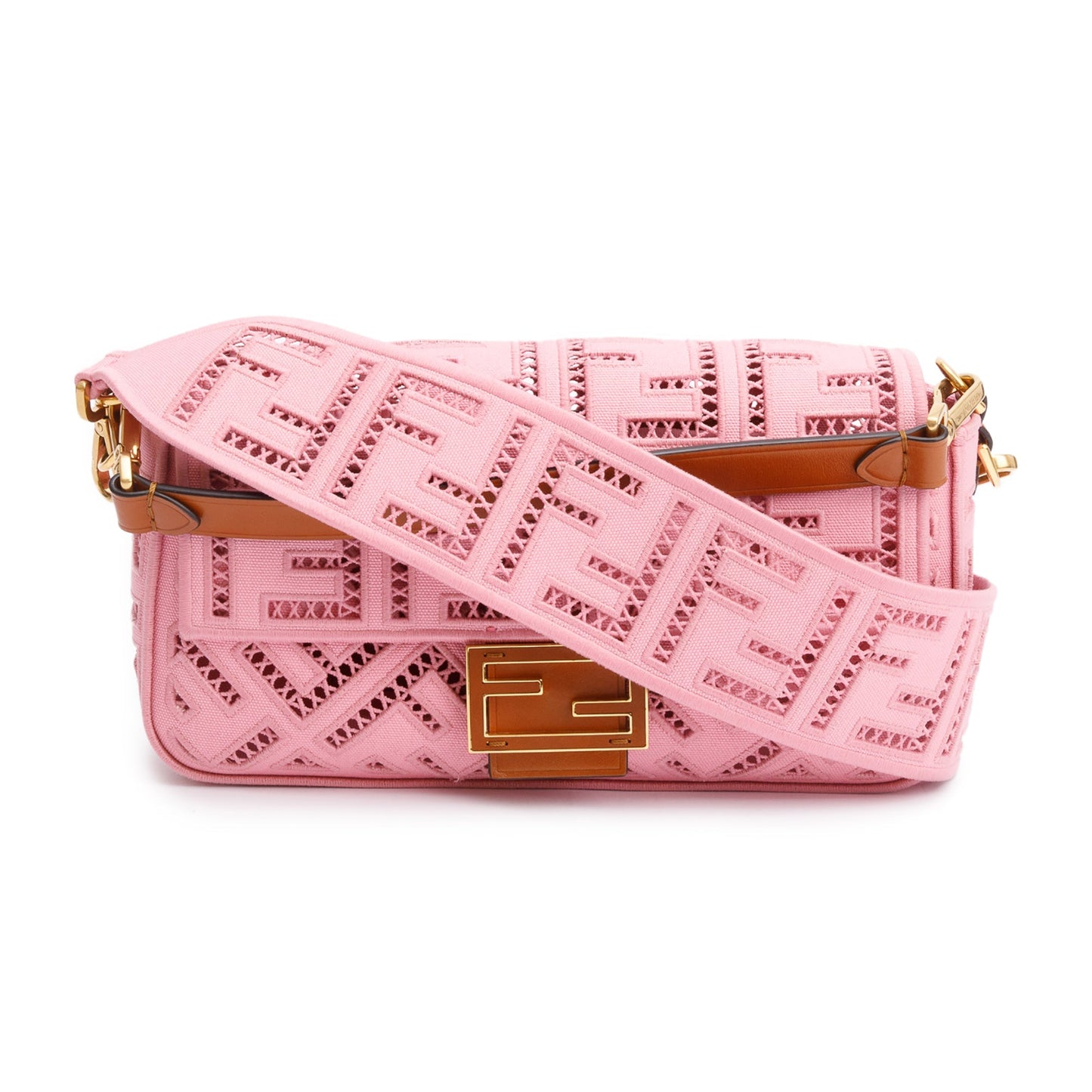 Fendi Pink FF Openwork Embroidered Canvas Medium Baguette Shoulder Bag