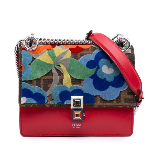 Fendi Small Velvet Embroidered Zucca Canvas and Leather Kan I Crossbody
