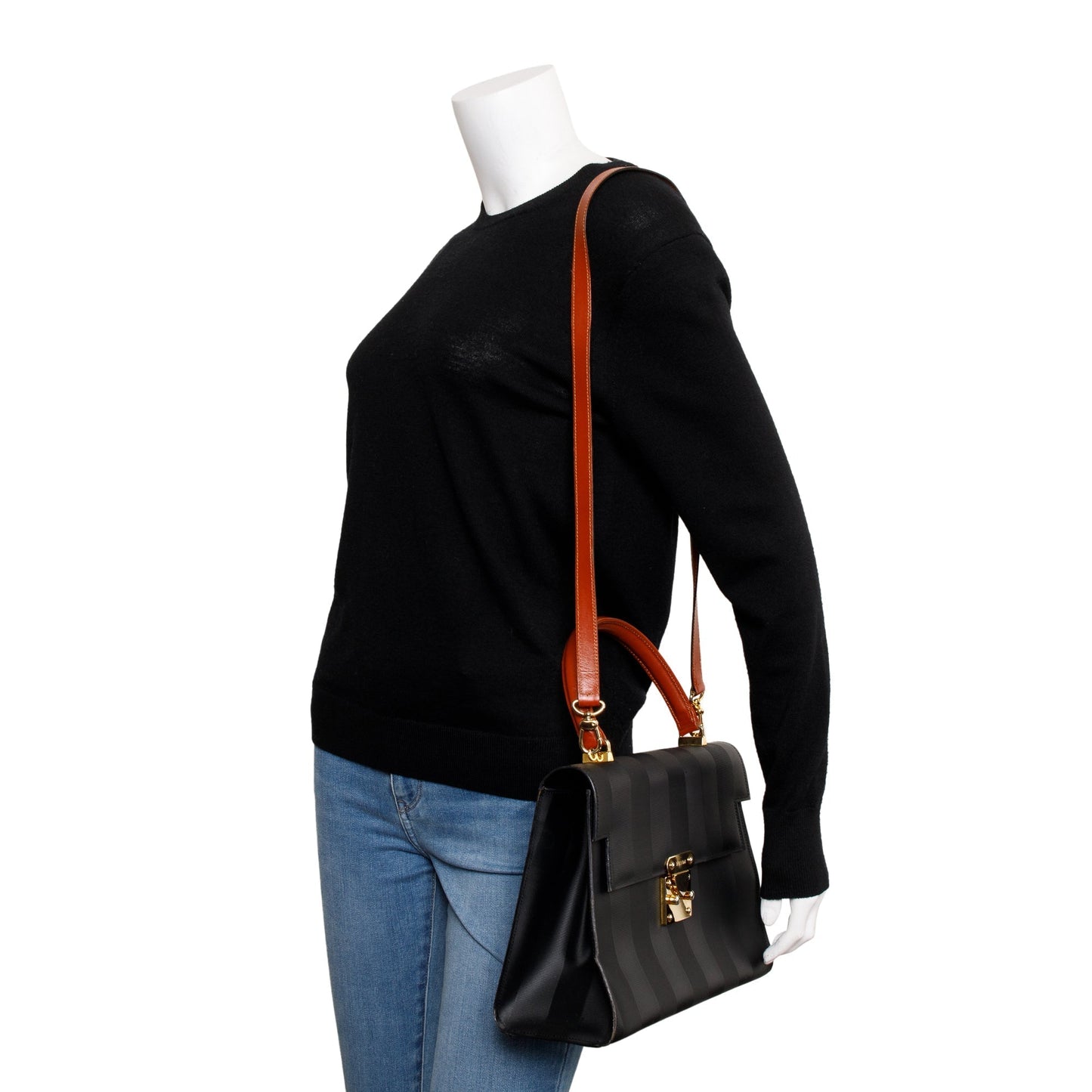 Fendi Navy Pequin Stripe Brown Leather Trimmed Handle Bag with Strap
