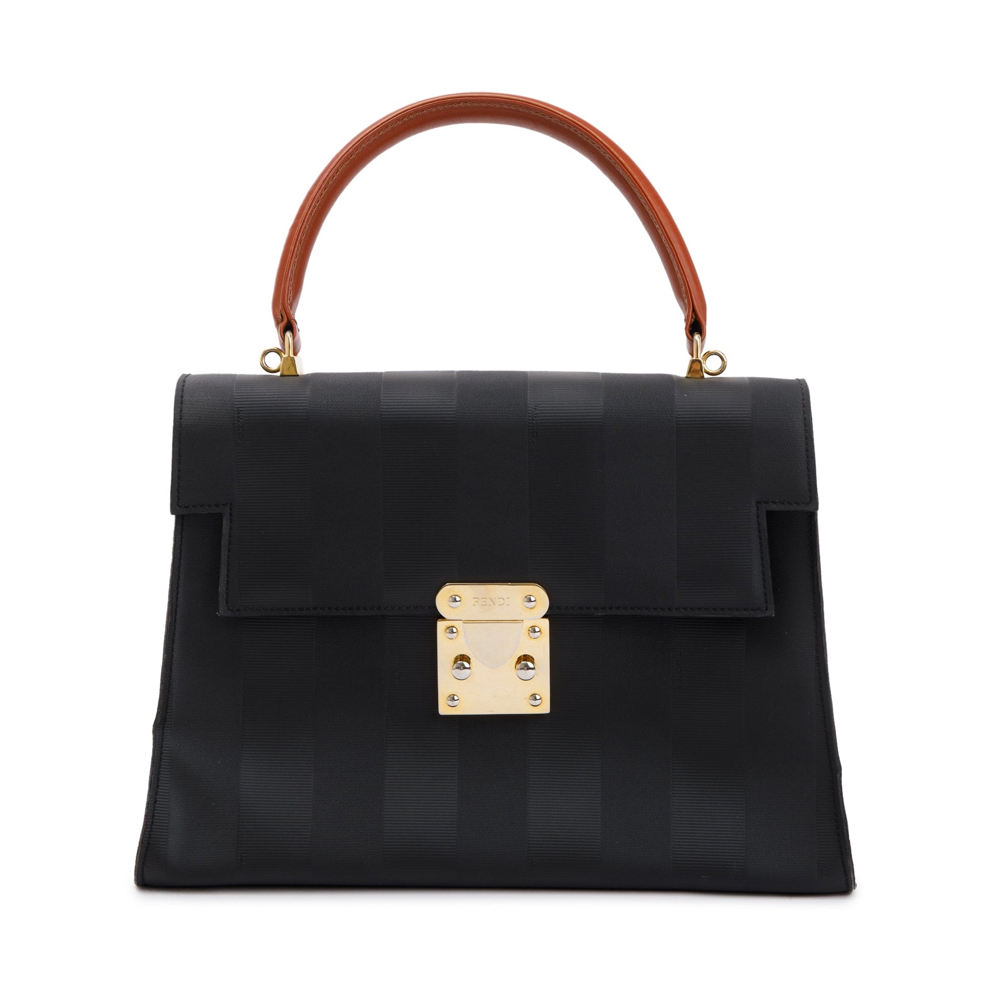 Fendi Navy Pequin Stripe Brown Leather Trimmed Handle Bag with Strap