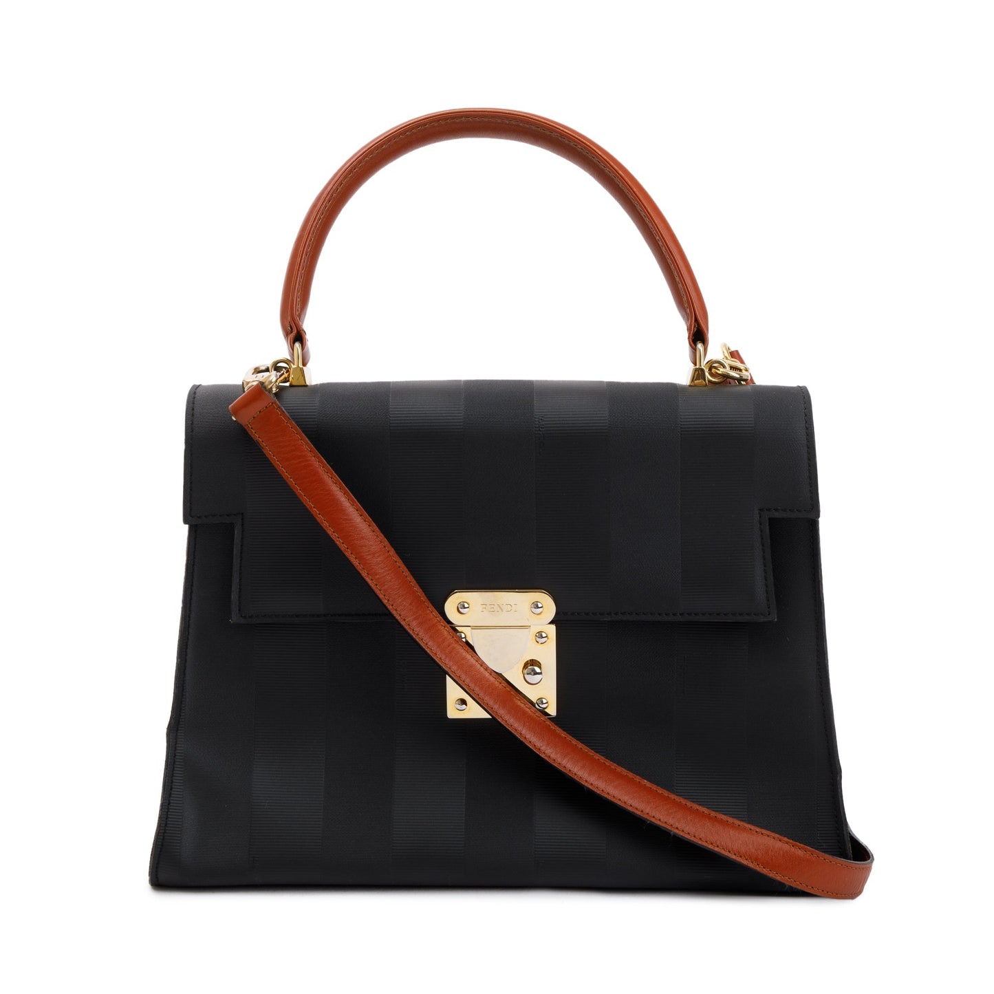 Fendi Navy Pequin Stripe Brown Leather Trimmed Handle Bag with Strap