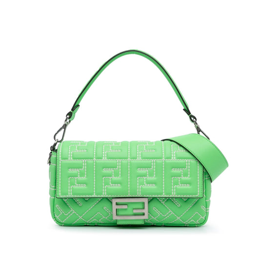 Fendi Zucca Embossed Stitched Leather Baguette Satchel