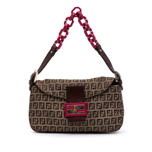 Fendi Zucchino Canvas Double Flap Chain Shoulder Bag
