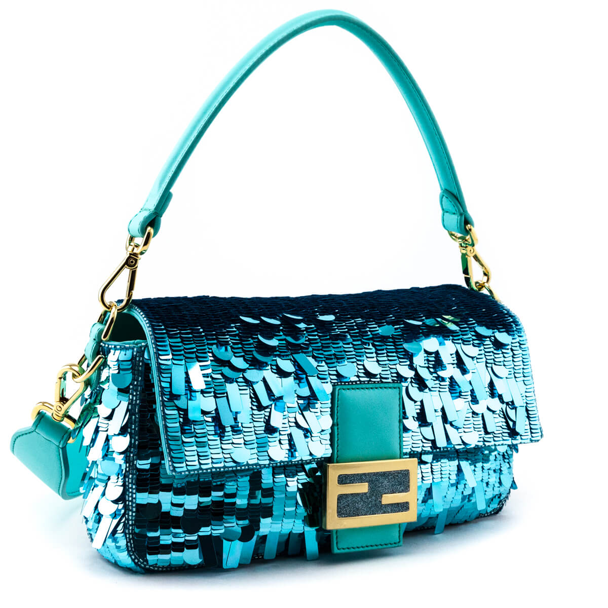 Fendi Blue Sequin Paillettes Vitello Grace Re-Edition Baguette
