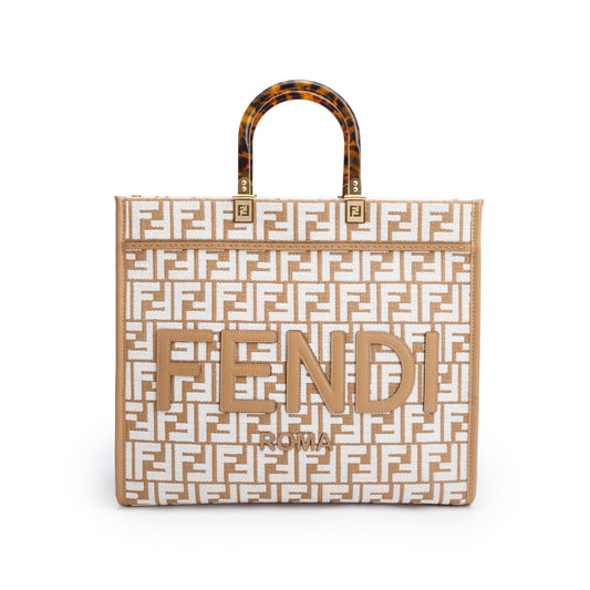Fendi Beige Zucca FF Raffia Medium Sunshine Tote Bag