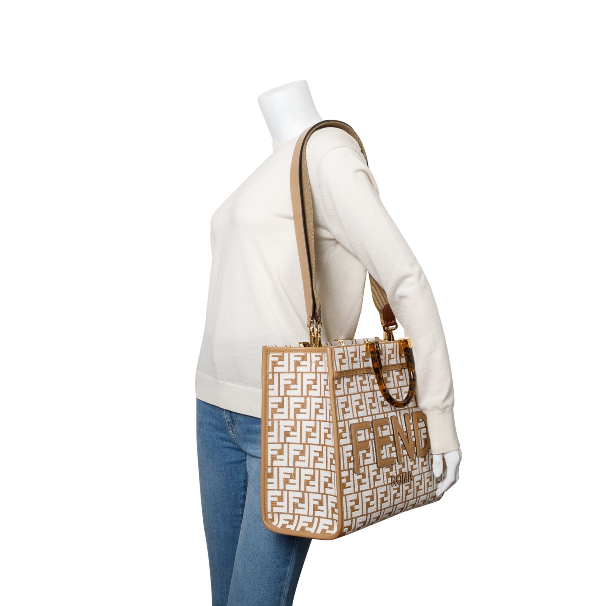 Fendi Beige Zucca FF Raffia Medium Sunshine Tote Bag
