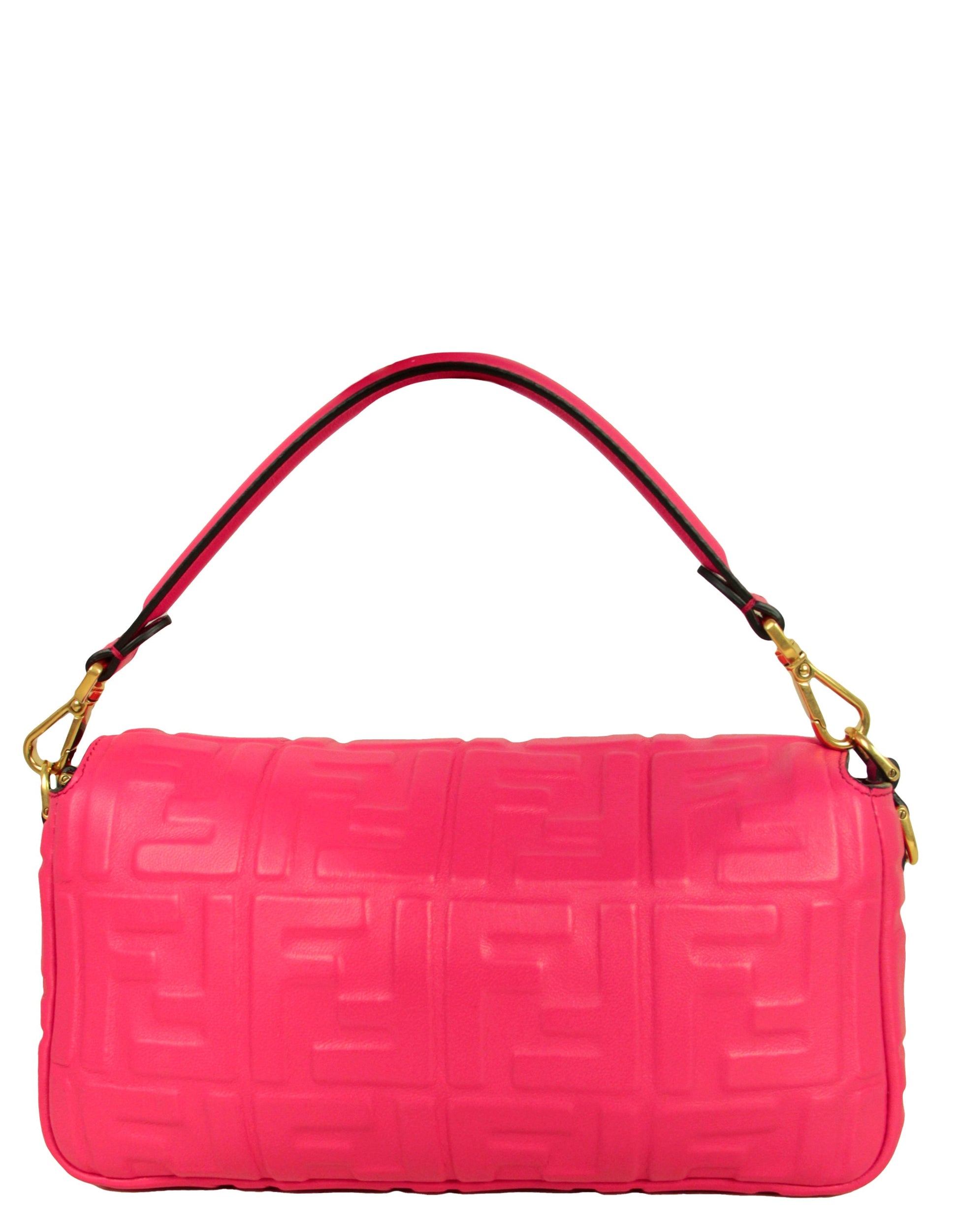 Fendi Pink Nappa Embossed Logo FF 1974 Medium Baguette NM Bag w/ Two Straps