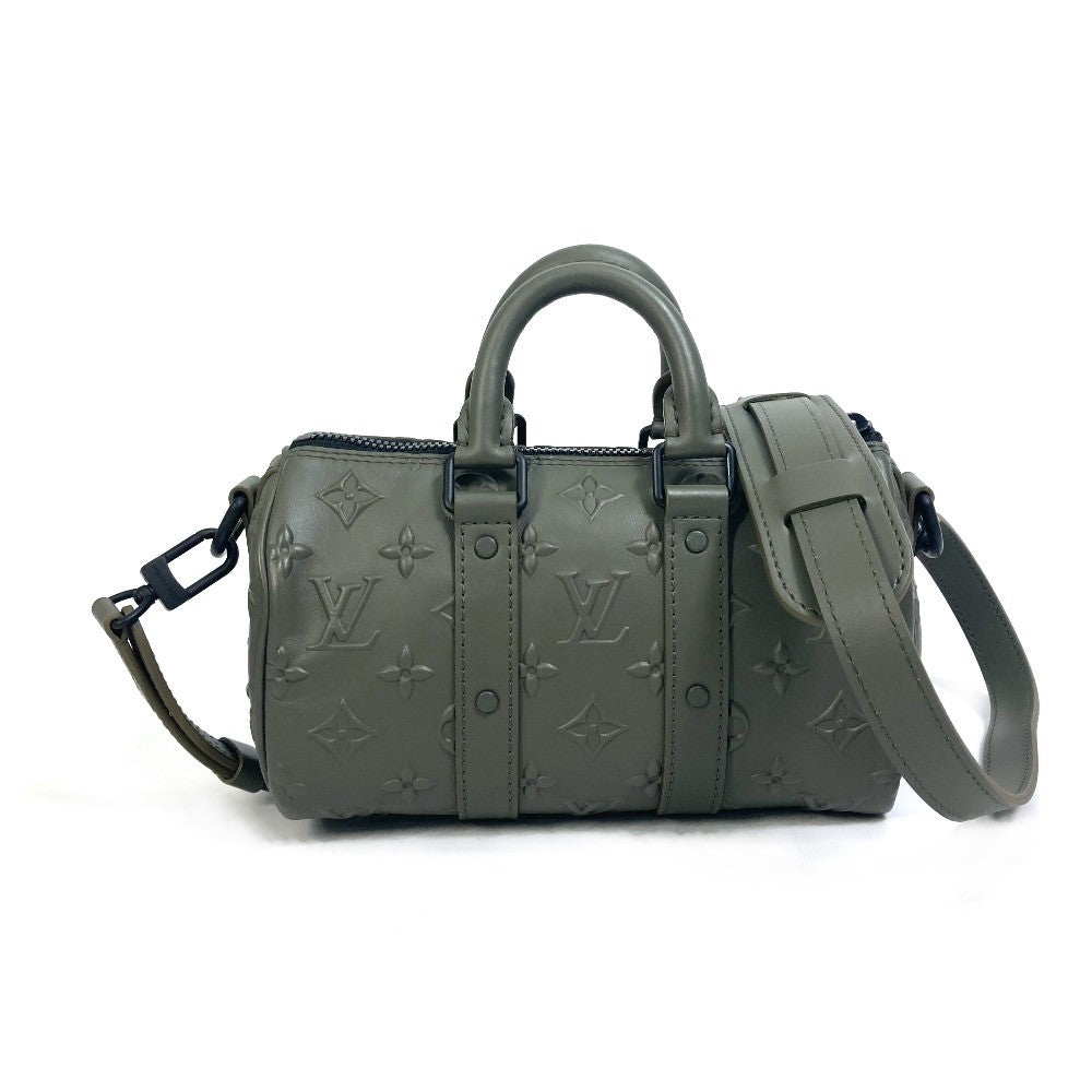 LOUIS VUITTON Handbag leather khaki monogram seal Keepall XS