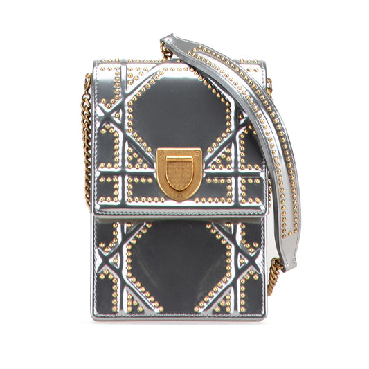 Silver Dior Metallic Studded Calfskin Vertical Diorama Crossbody Bag