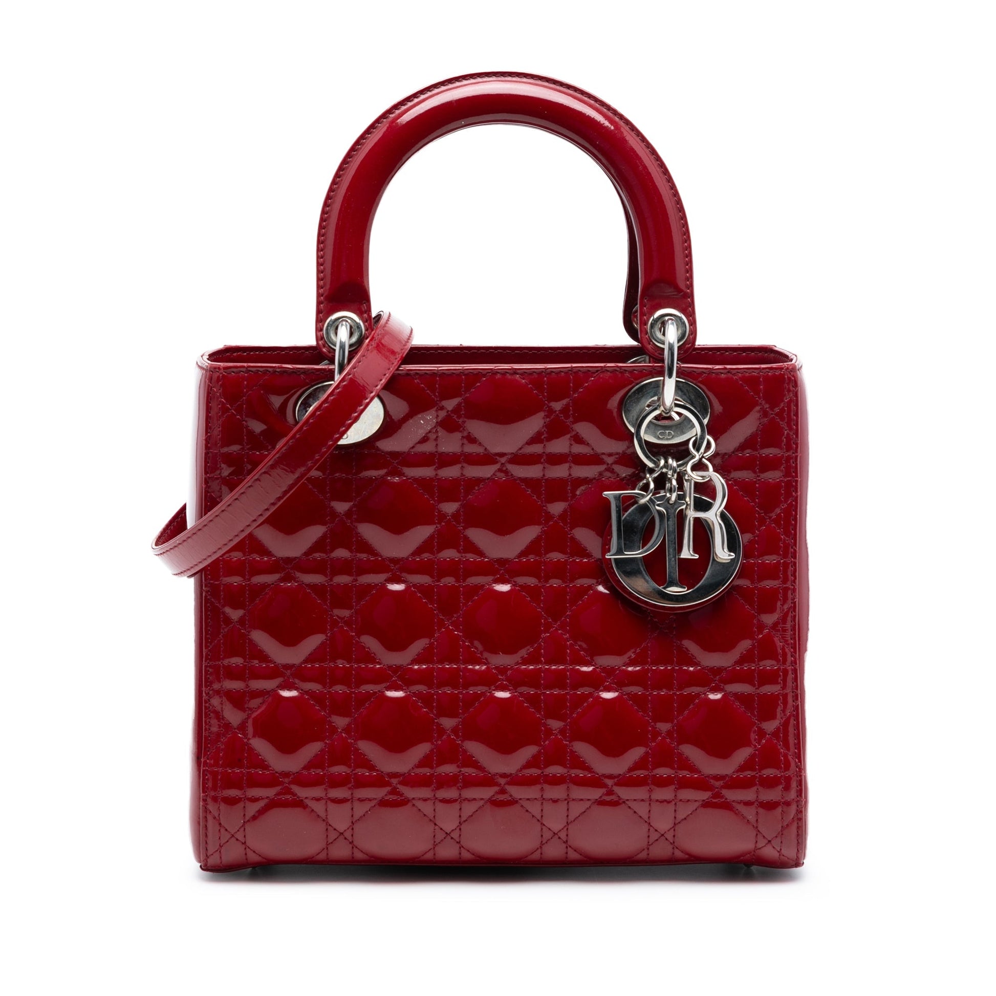 Red Dior Medium Patent Cannage Lady Dior Satchel