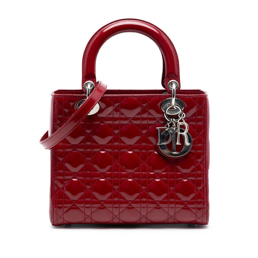 Red Dior Medium Patent Cannage Lady Dior Satchel