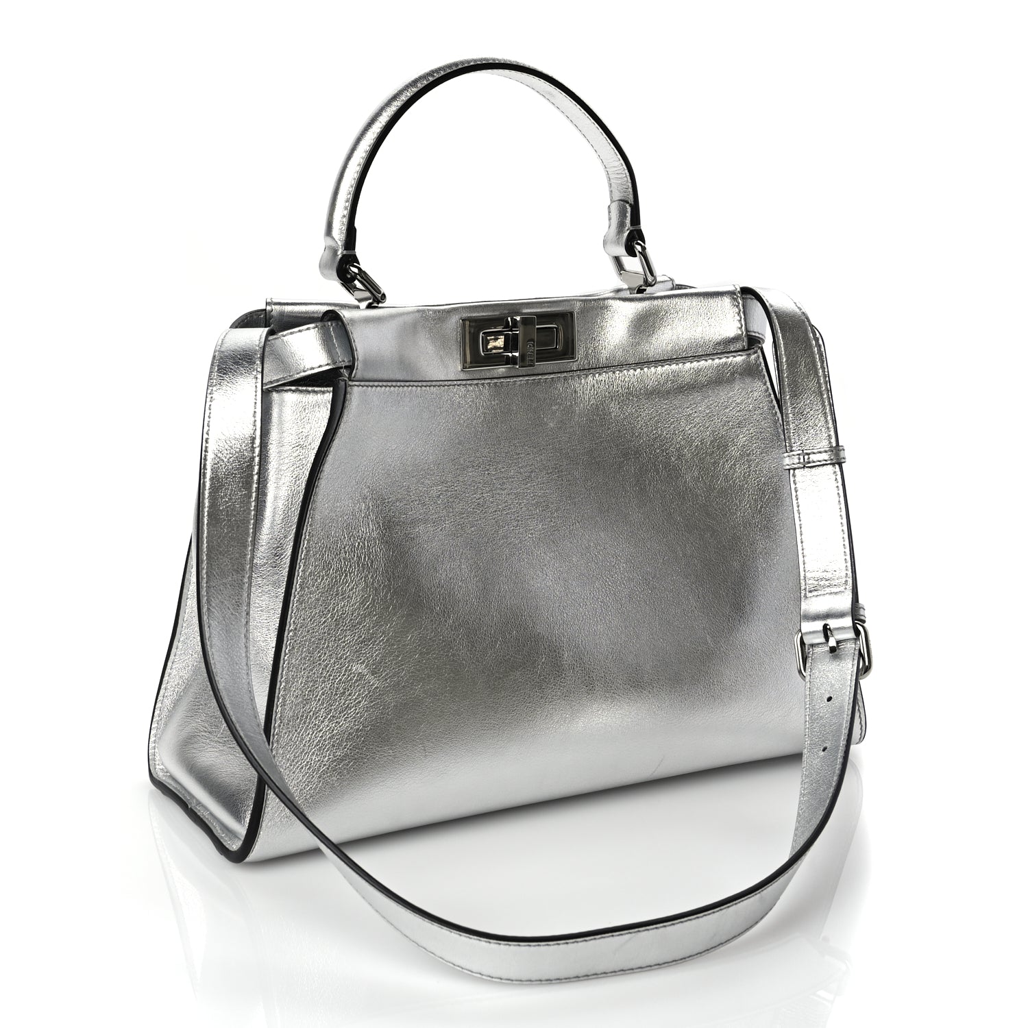 Fendi Vitello Catalan Mirror Medium Peekaboo Iconic Satchel Argento