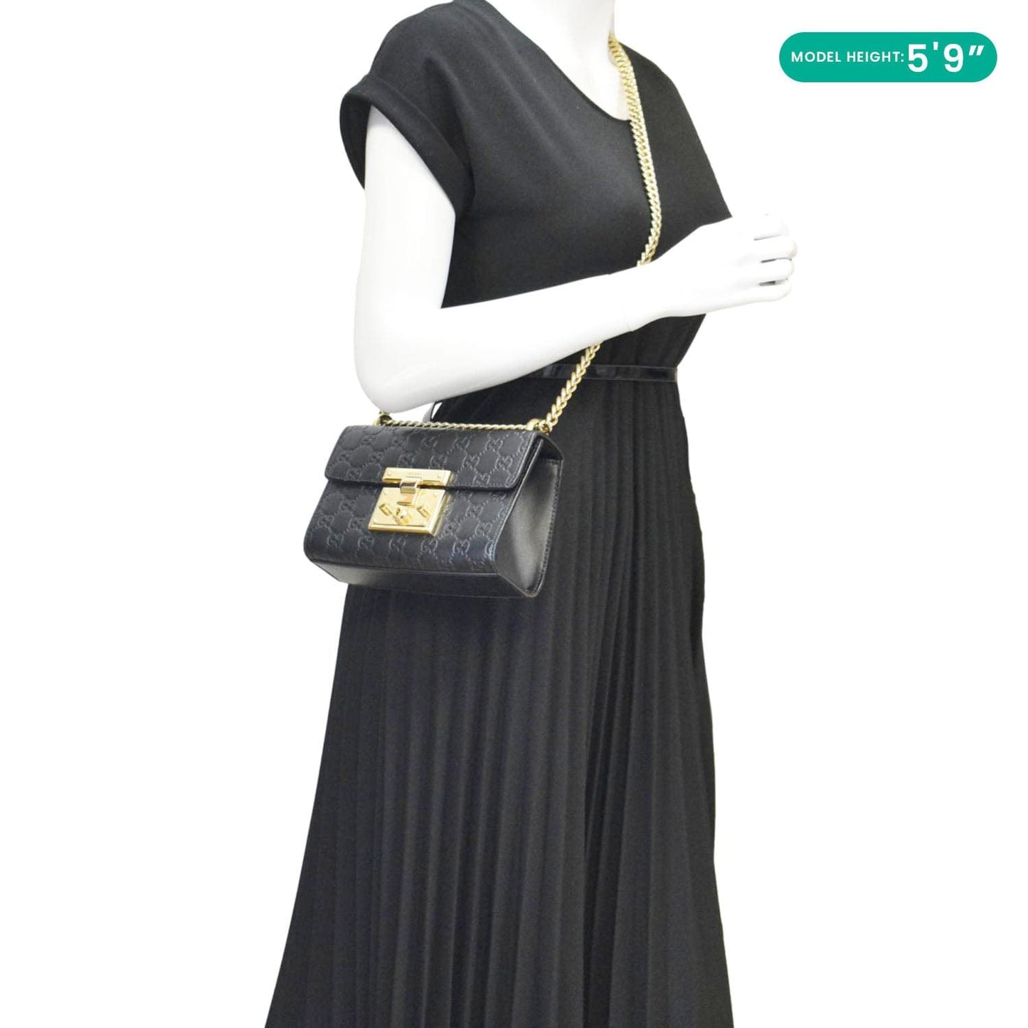GUCCI Signature Padlock Leather Top Handle Shoulder Bag Black 409487