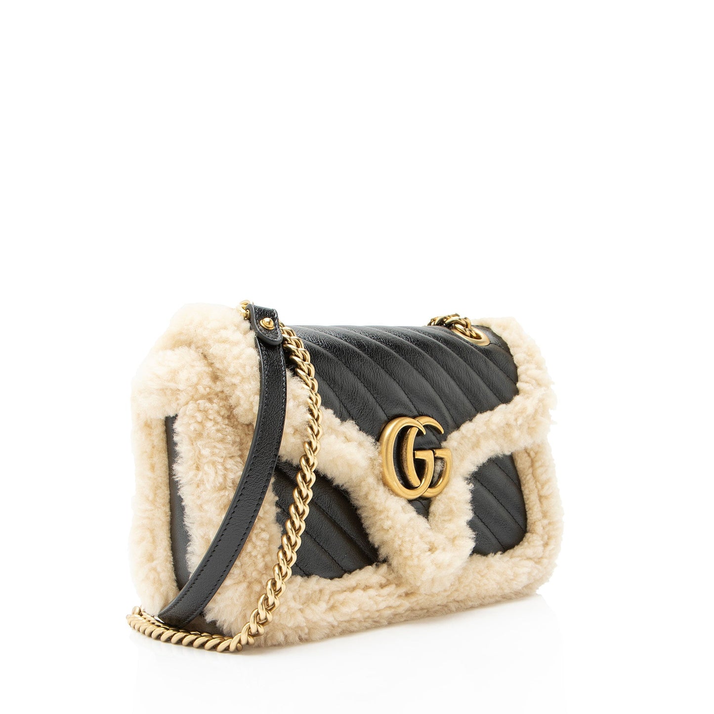 Gucci Diagonal Matelasse Leather Shearling GG Marmont Medium Flap Bag