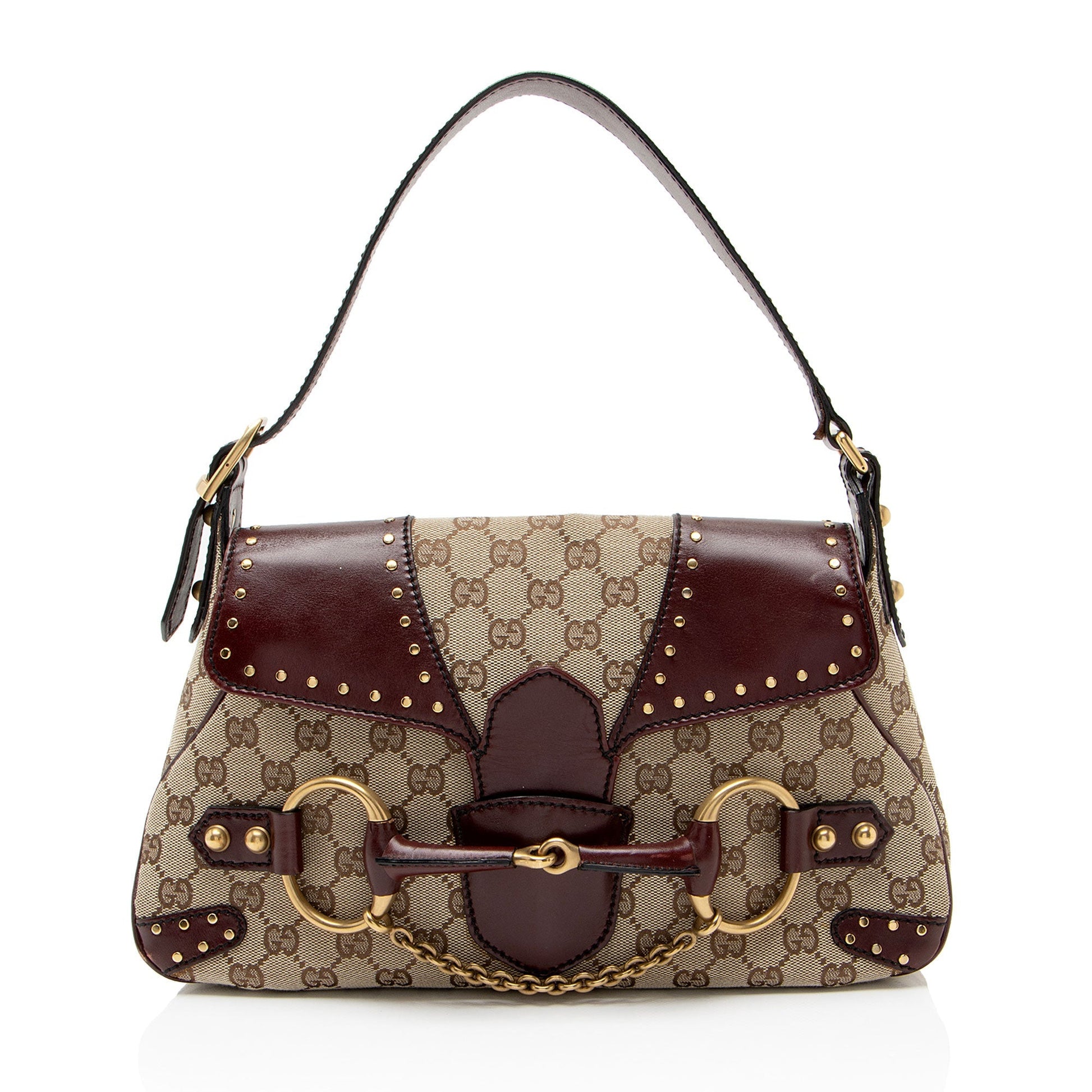 Gucci GG Canvas Leather Studded Horsebit Shoulder Bag