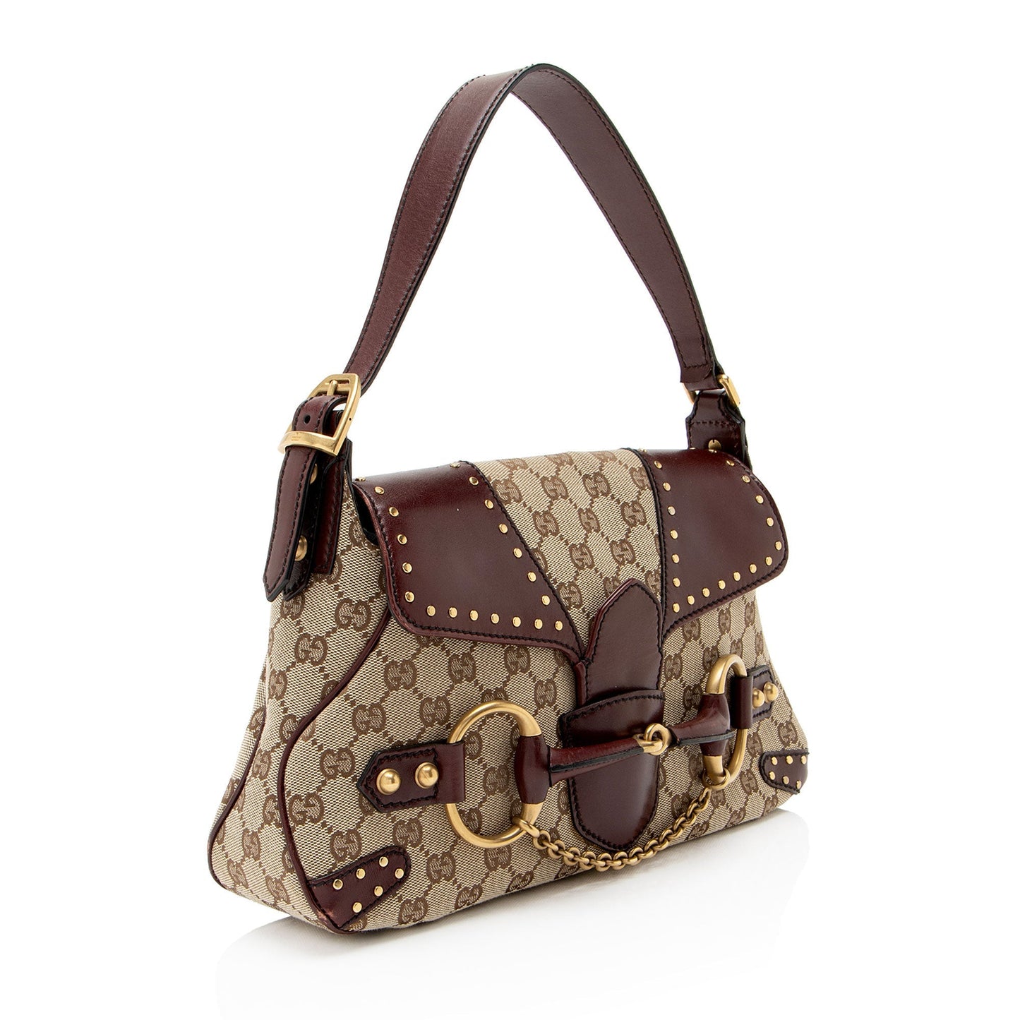 Gucci GG Canvas Leather Studded Horsebit Shoulder Bag