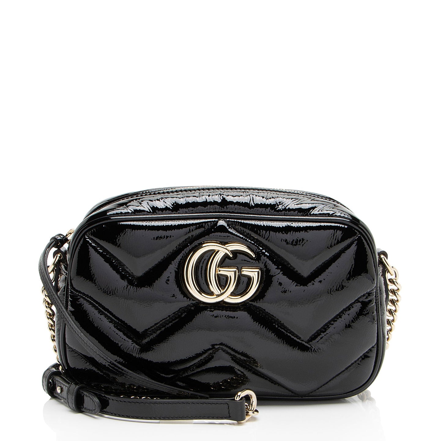 Gucci Matelasse Padded Patent Leather GG Marmont Small Camera Bag
