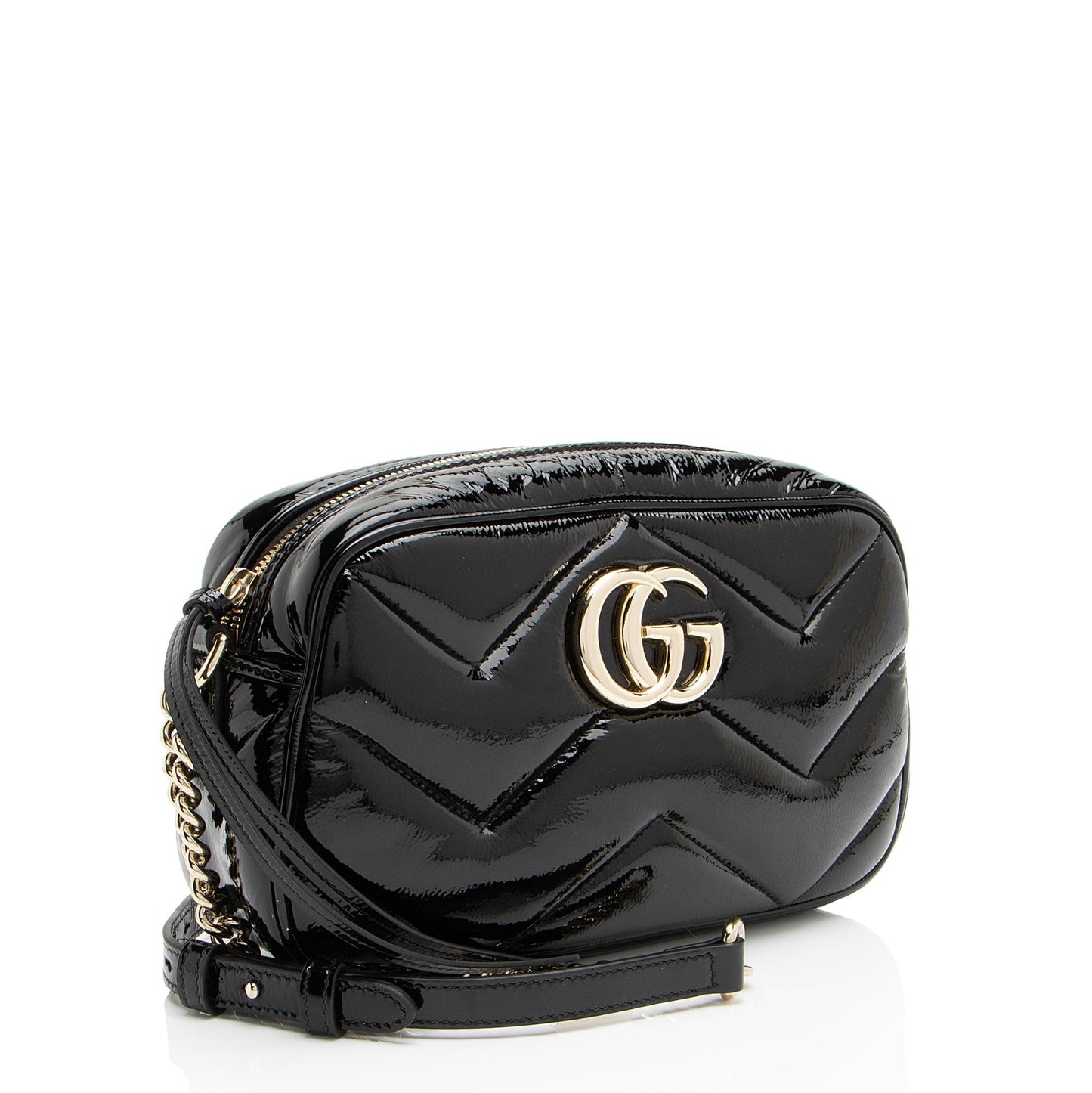 Gucci Matelasse Padded Patent Leather GG Marmont Small Camera Bag