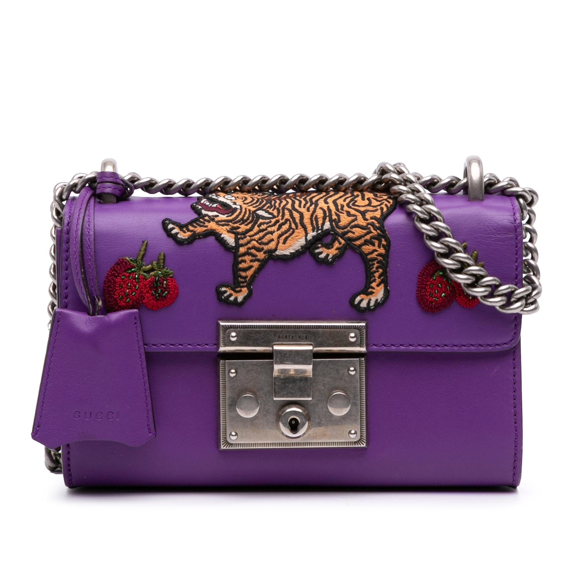 Gucci Small Embroidered Calfskin Tiger Strawberry Padlock Crossbody