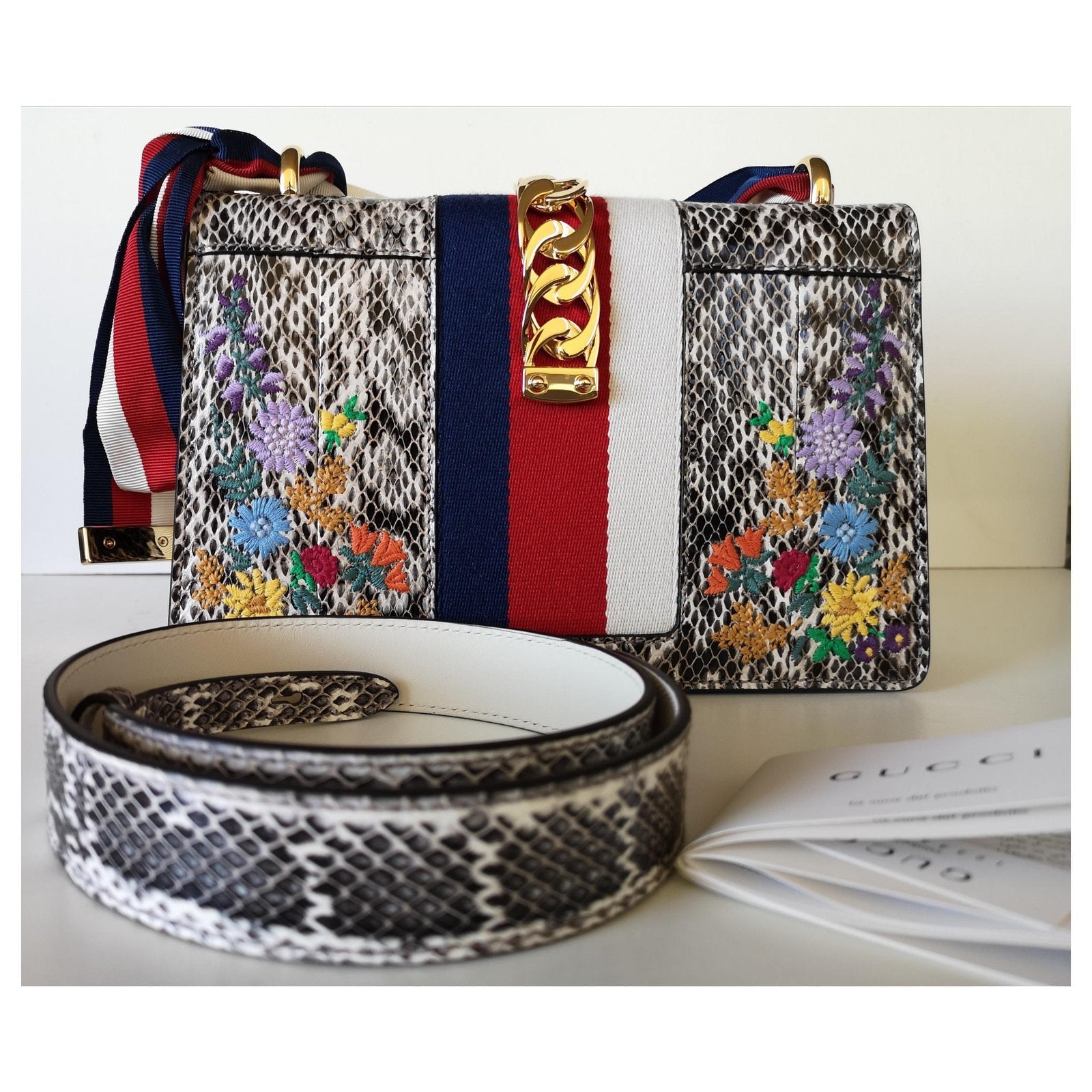 GUCCI SYLVIE FLORAL PYTHON SHOULDER BAG-HS